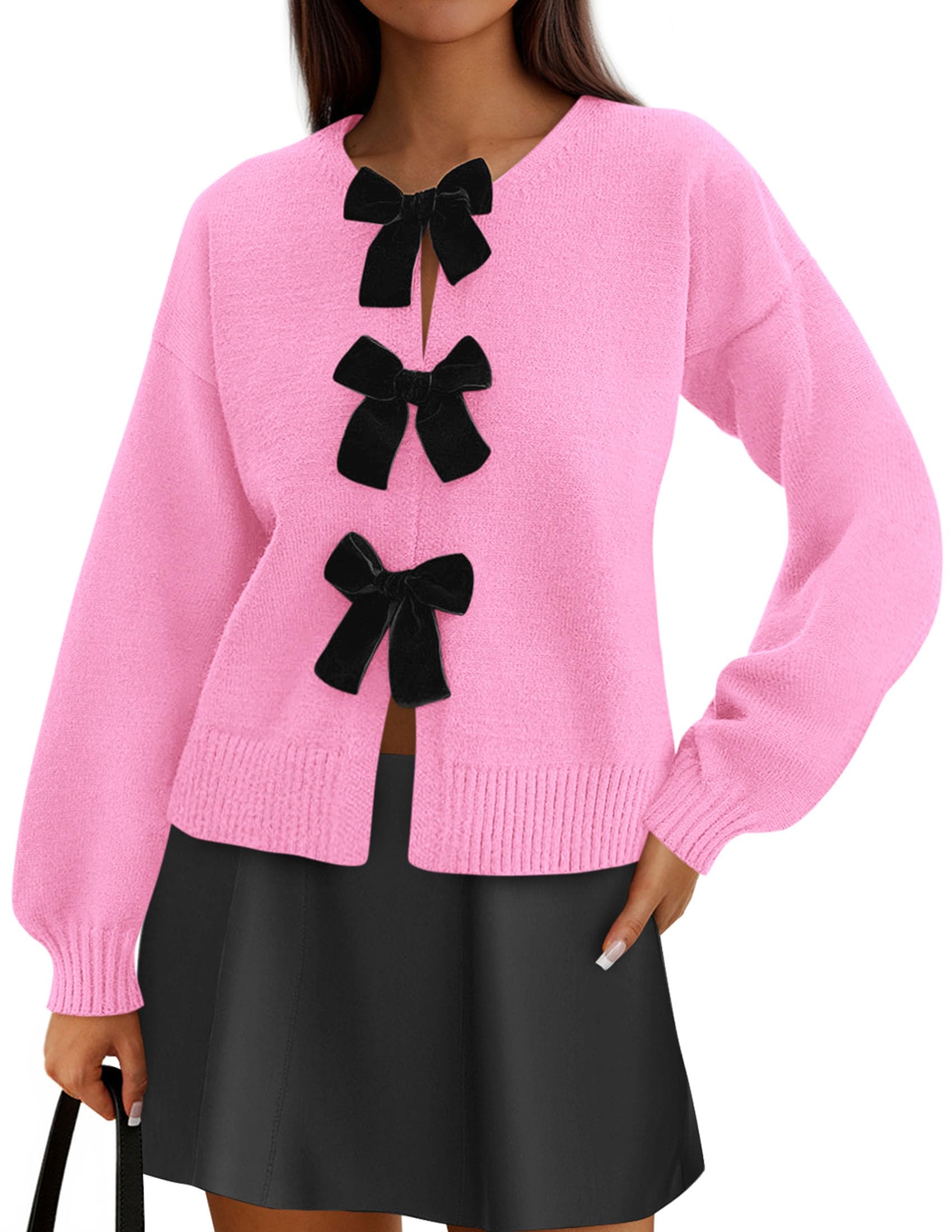 Women's Fall Bow Tie Front Cardigan Sweaters,Pink,S