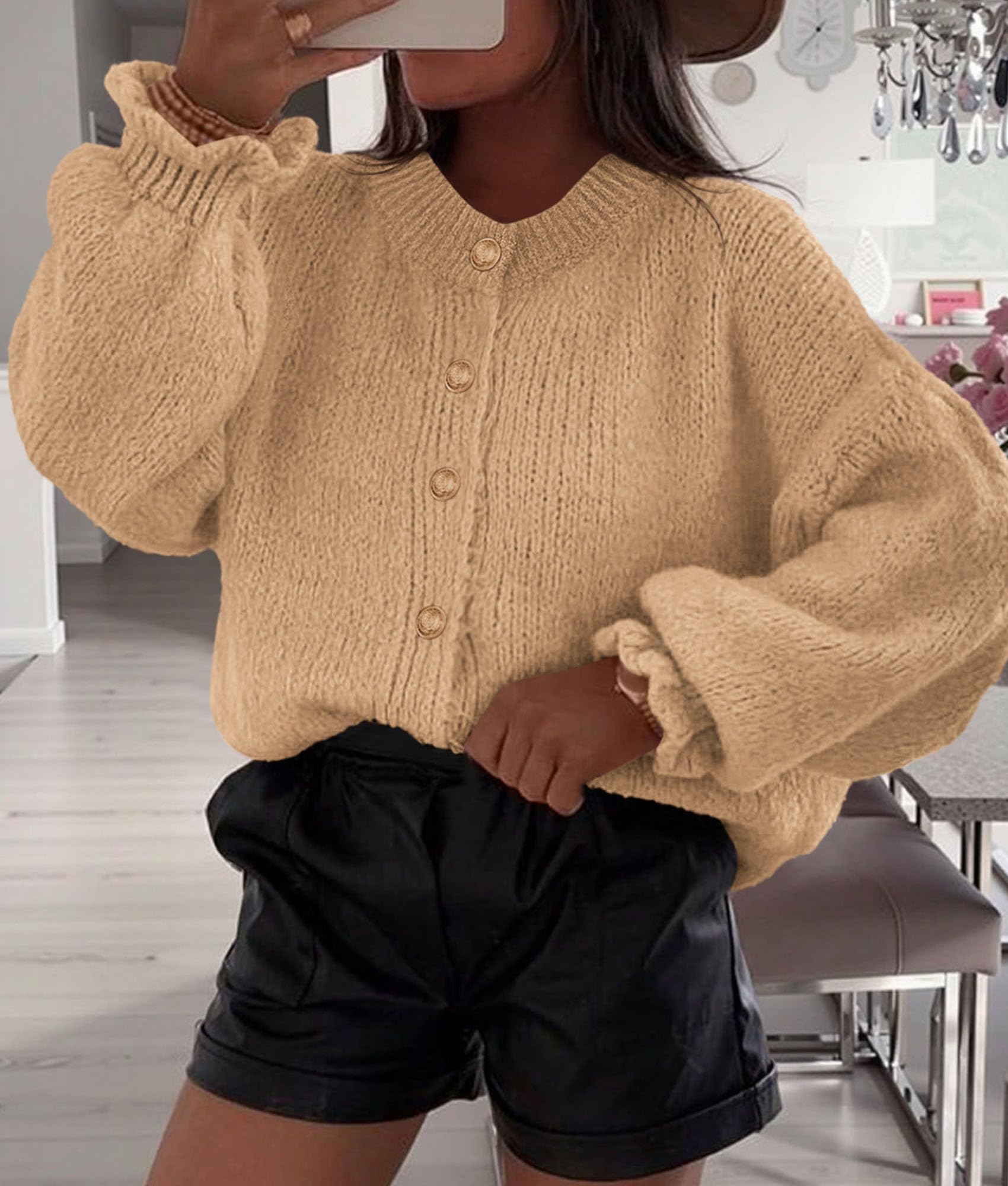 Womens Long Sleeve Chunky Knit Cardigan Sweaters,Khaki,S