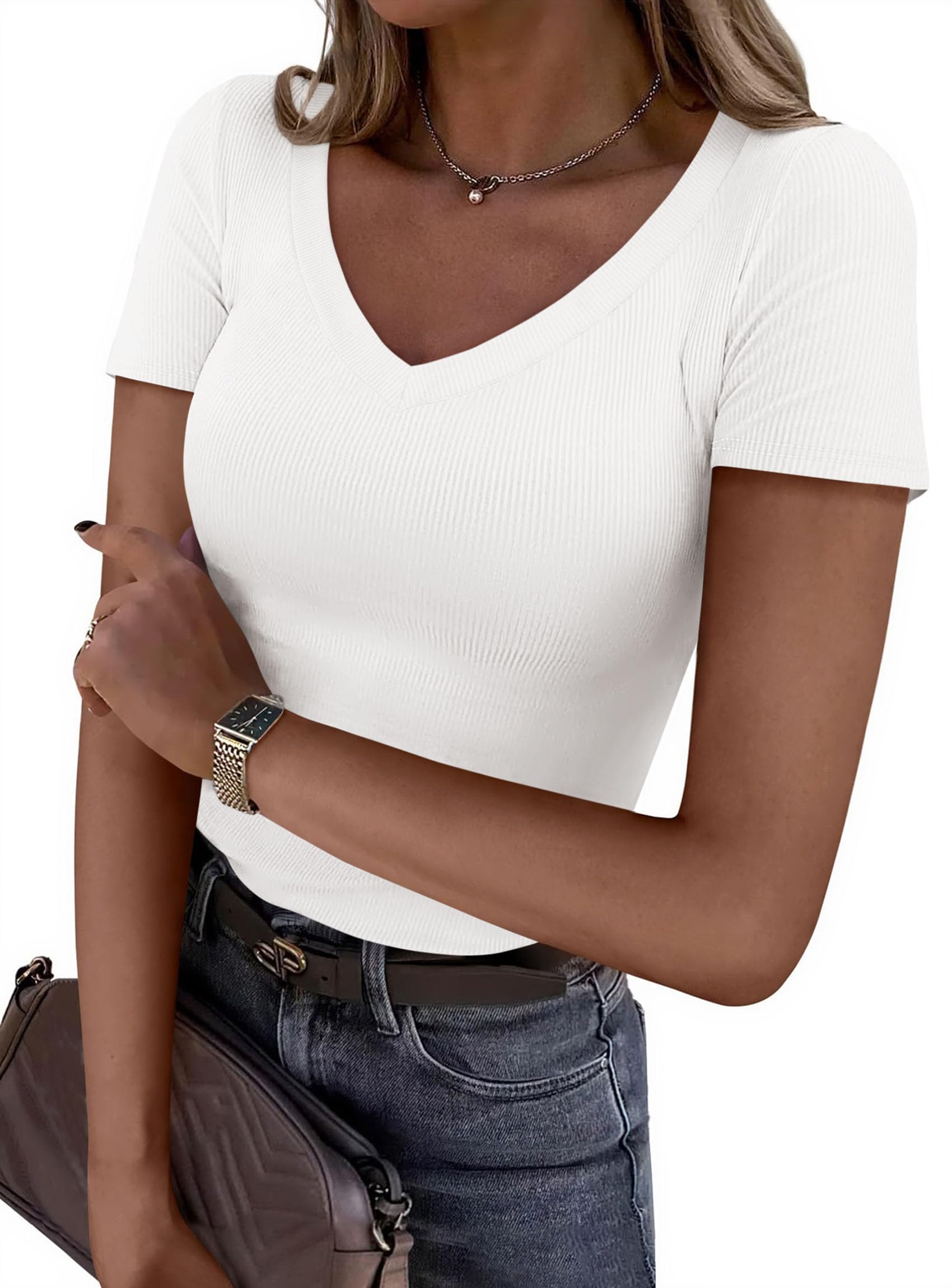 Women's Summer Trendy Tops V Neck T Shirts (White,M)