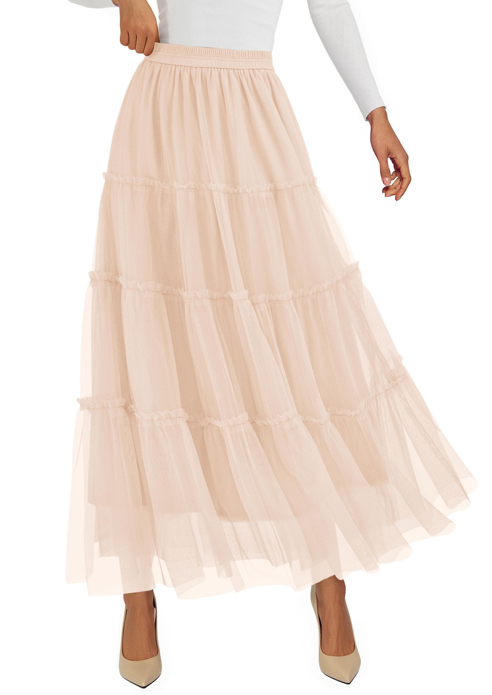 Women's Fall Soft Tulle Tiered Long Skirt,Beige,S