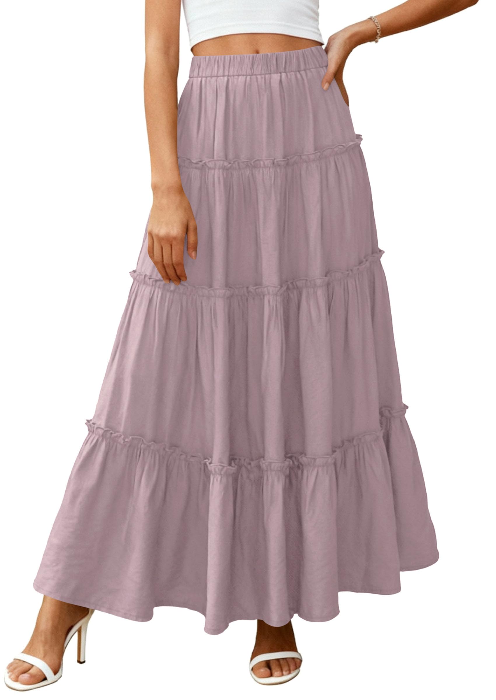 Women's Boho Tiered Ruffle Flowy Maxi Skirt, Purple,S