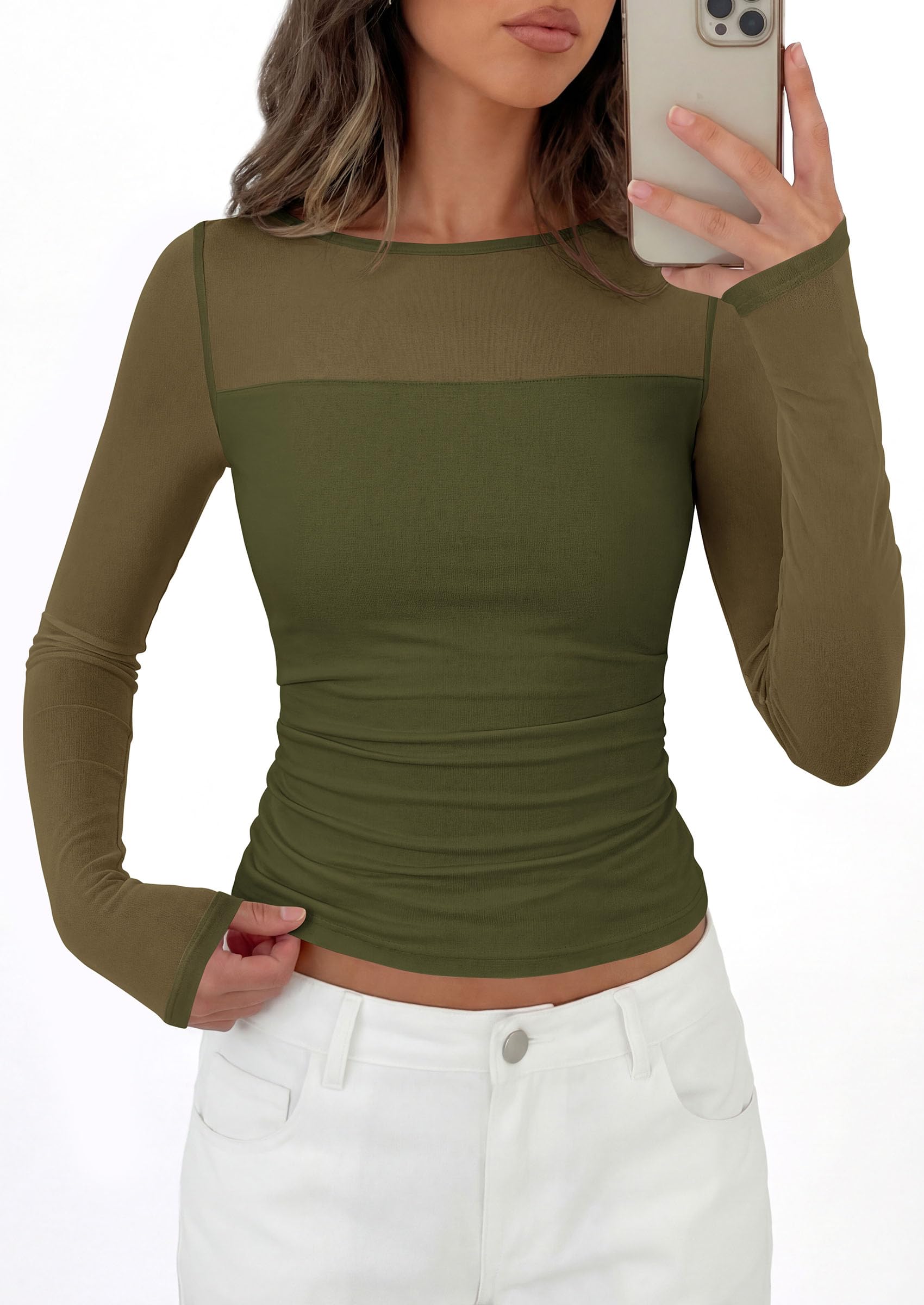 Women's Sheer Mesh Long Sleeve Going Out Tops (Army Green,S)
