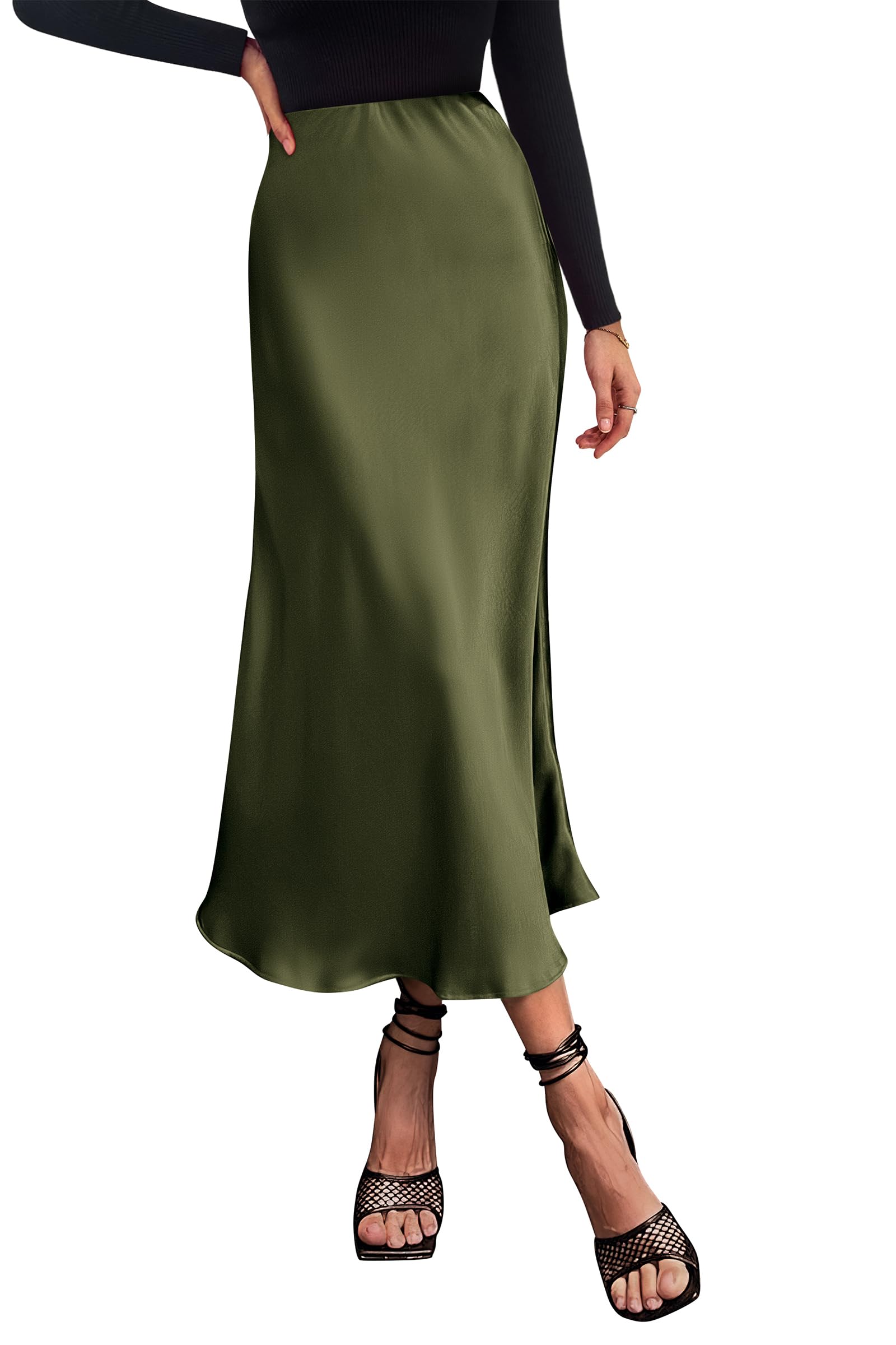 Women's Satin Midi Skirts Dressy Casual,Light Army Green,S