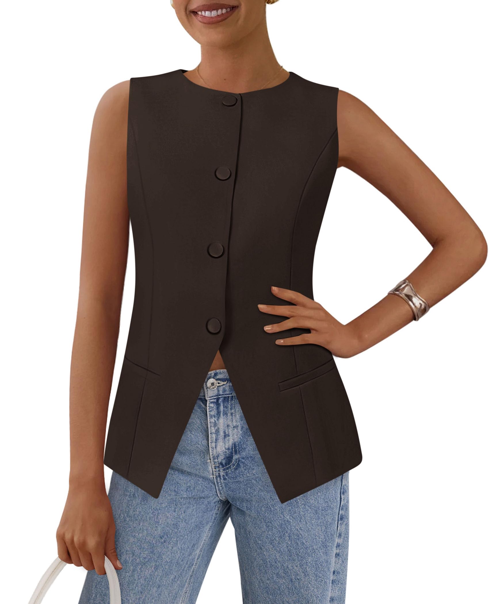 Women Tailored Suit Vest Business Casual Tops, Dark Coffee,S
