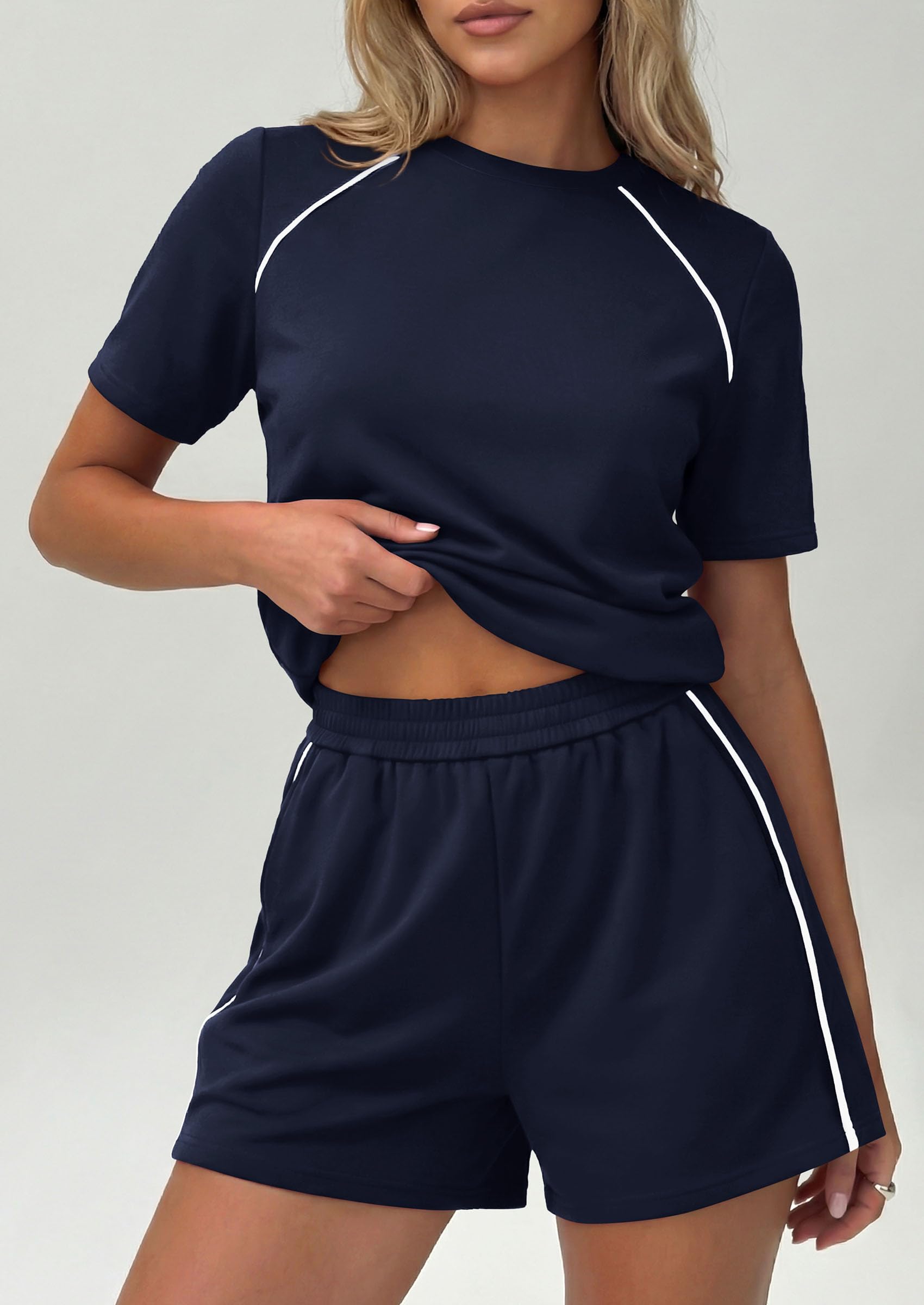 Womens 2 Piece Short Sets Casual Summer Outfits, Navy Blue,S