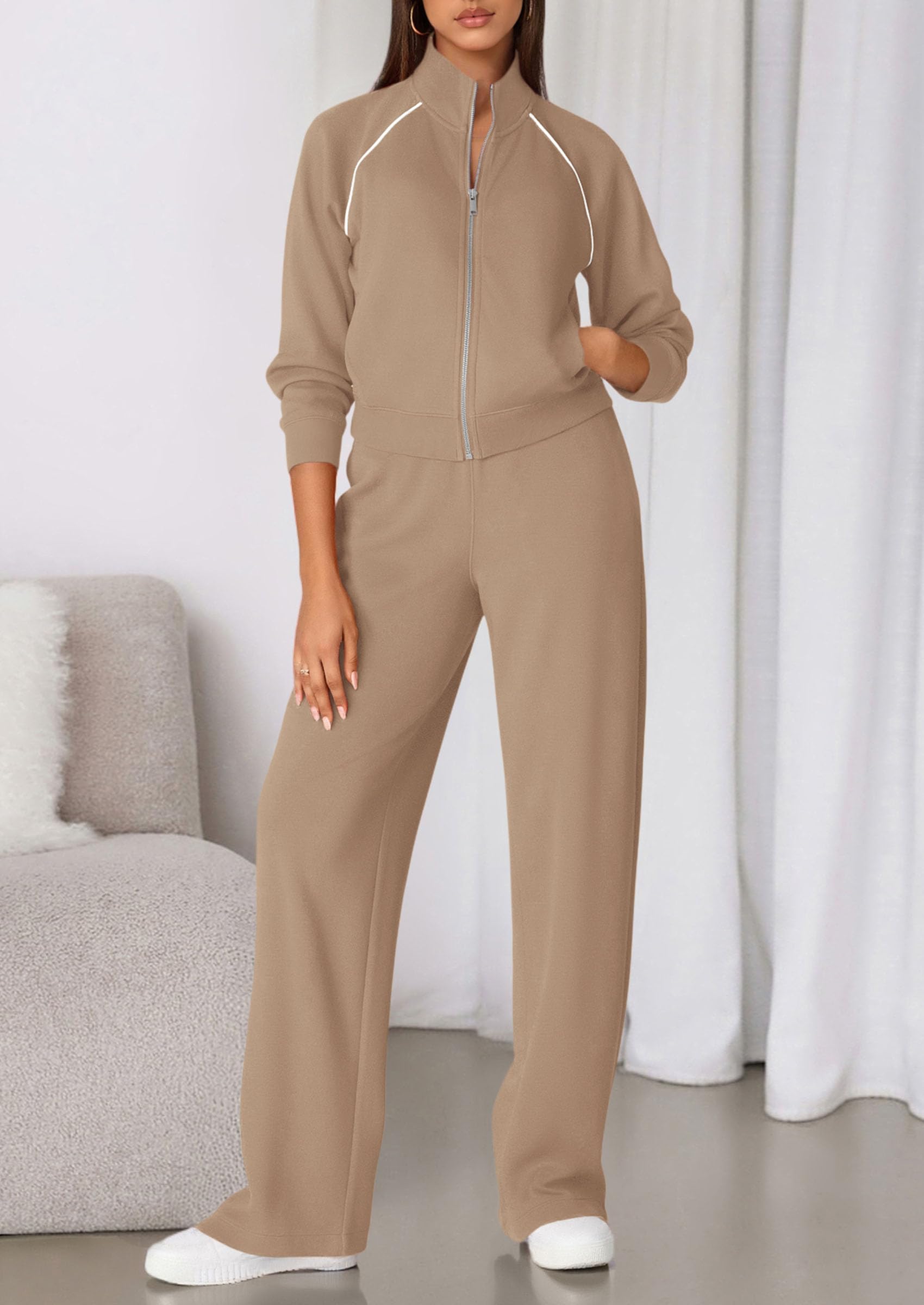 Women's 2 Piece Outfits Sweatsuits Lounge Sets,Khaki,S