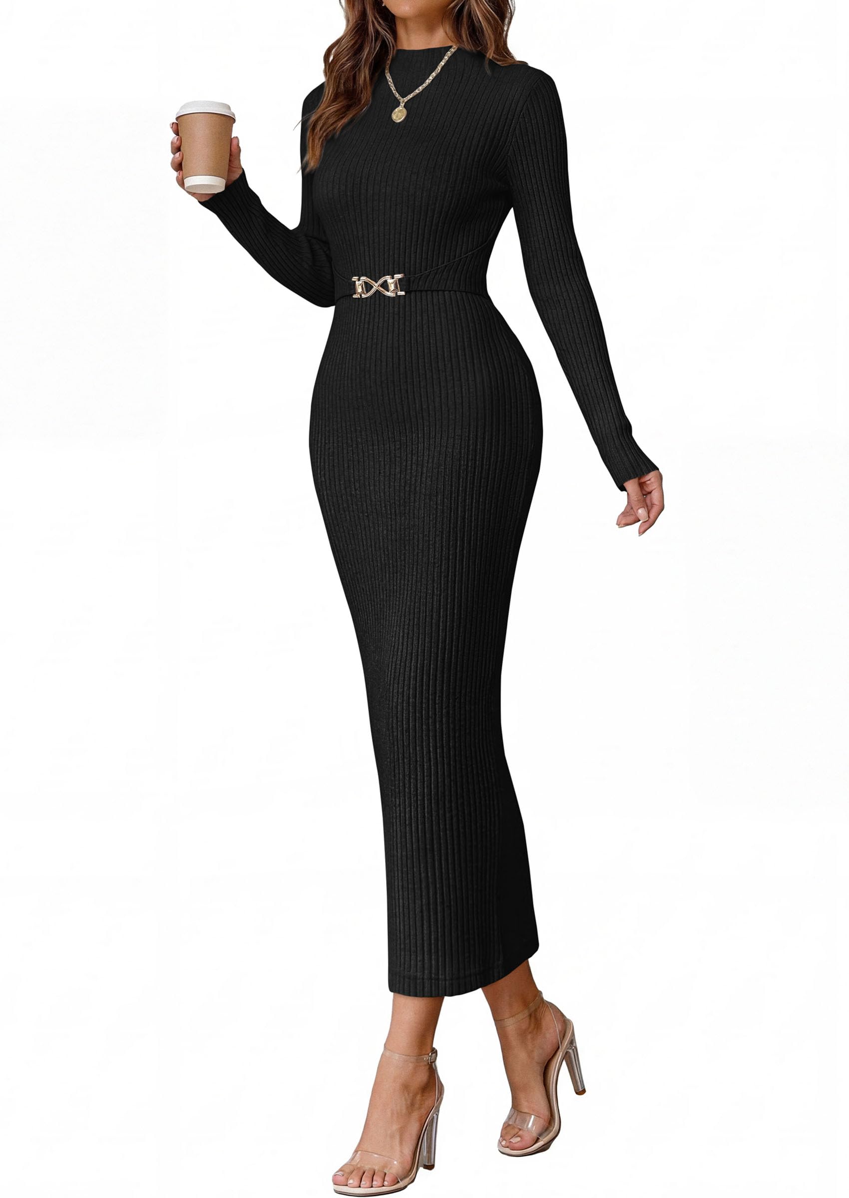 Women's Long Sleeve Bodycon Maxi Sweater Dress Black,XS