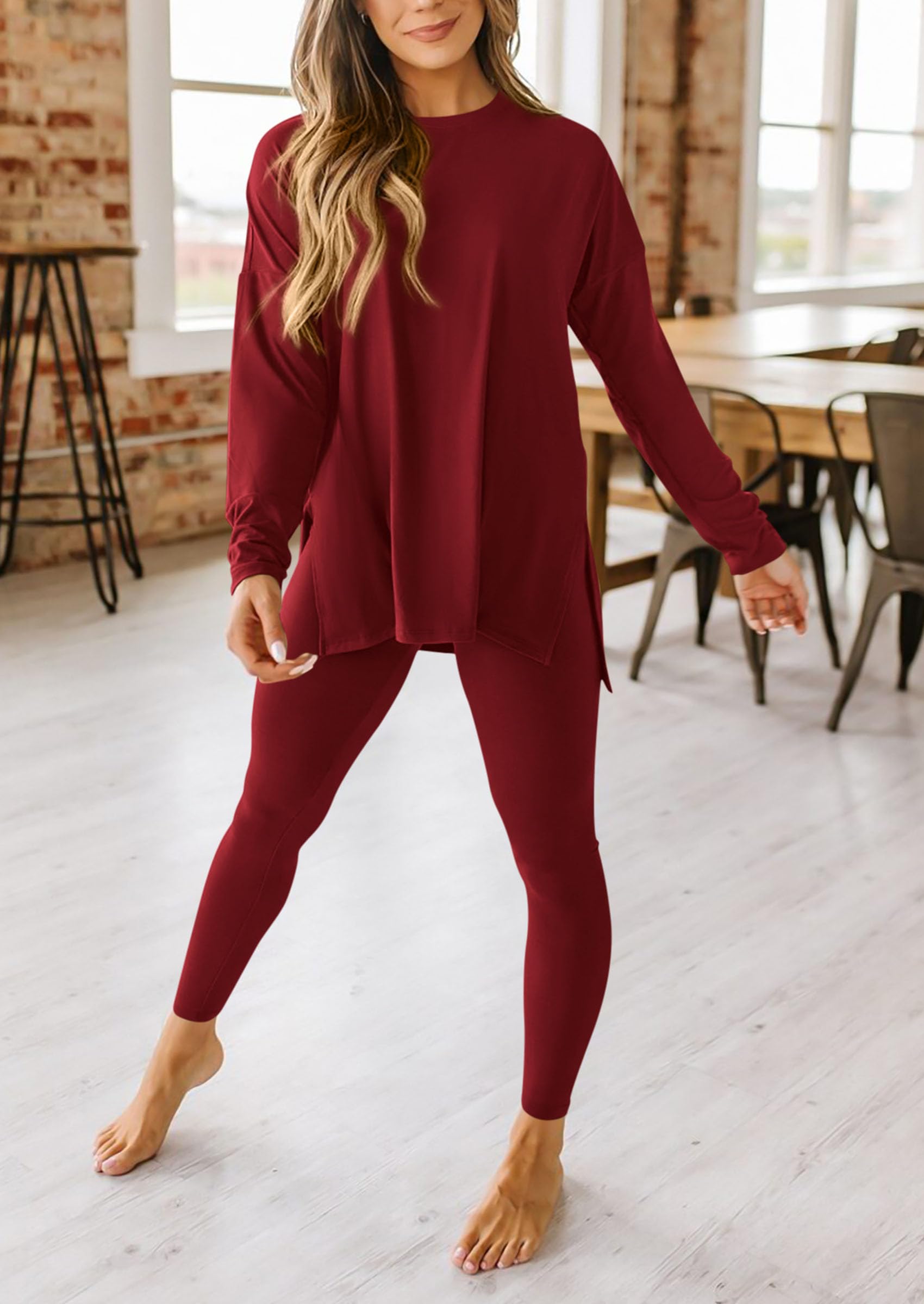 Women's 2 Piece Outfits Matching Lounge Sets,Wine Red,S