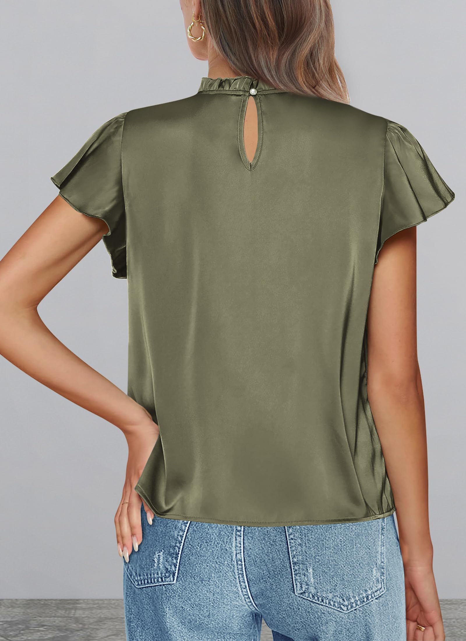 Women's Satin Tops Business Casual Work Blouses, Army Green,L