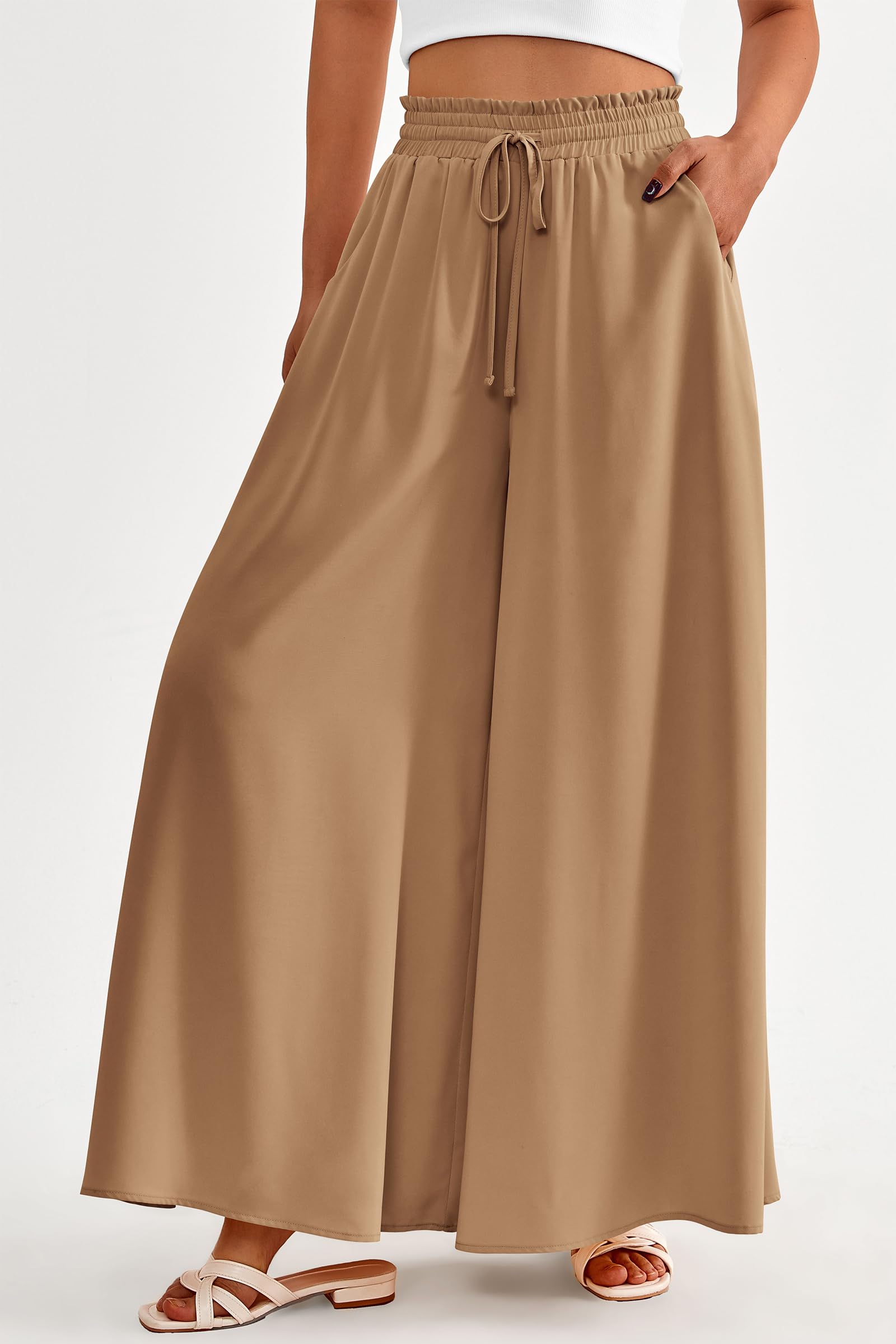 Summer Wide Leg Palazzo Pants for Women Casual,Khaki,S
