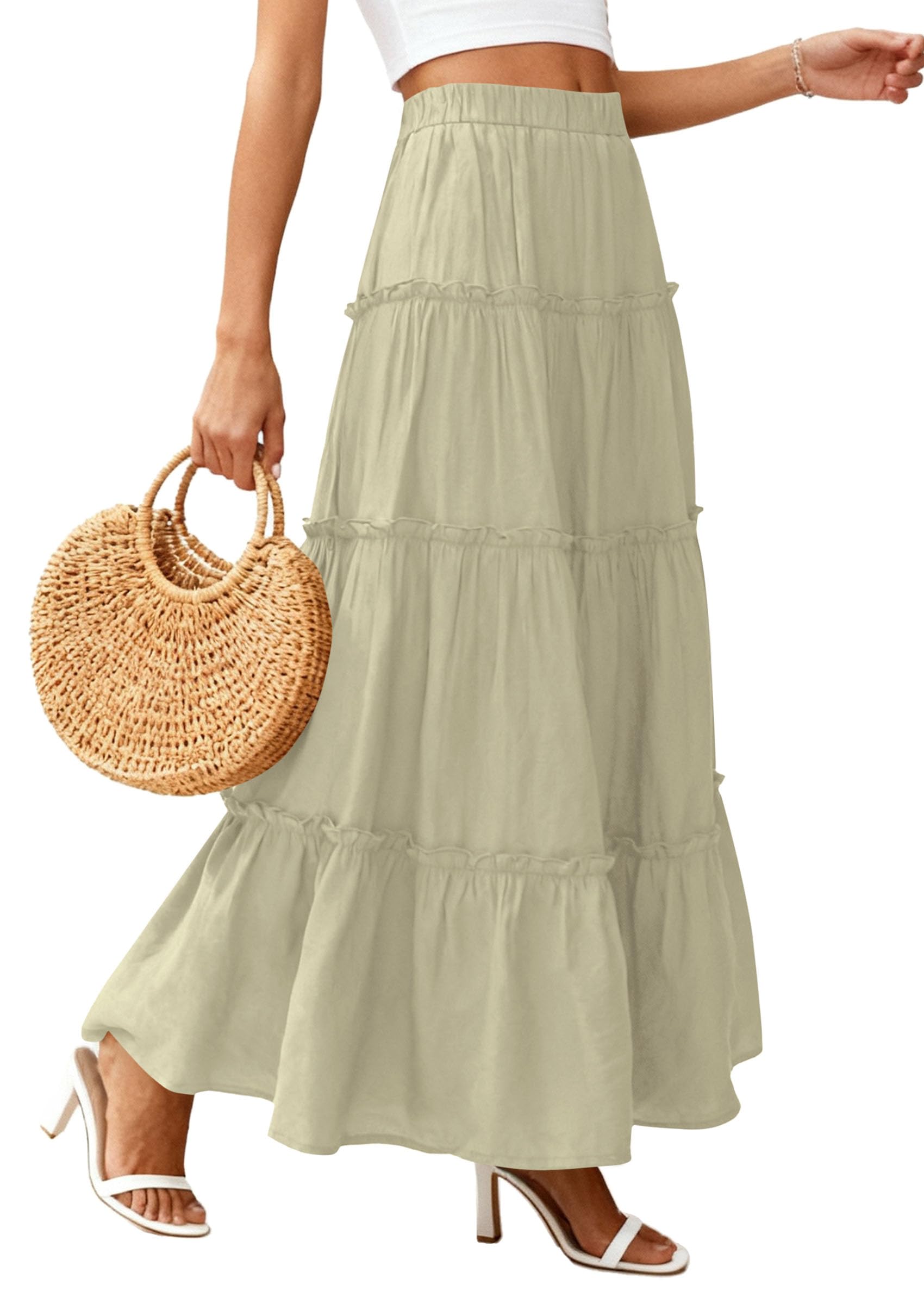 Women's Boho Tiered Ruffle Flowy Maxi Skirt, Sage Green,S