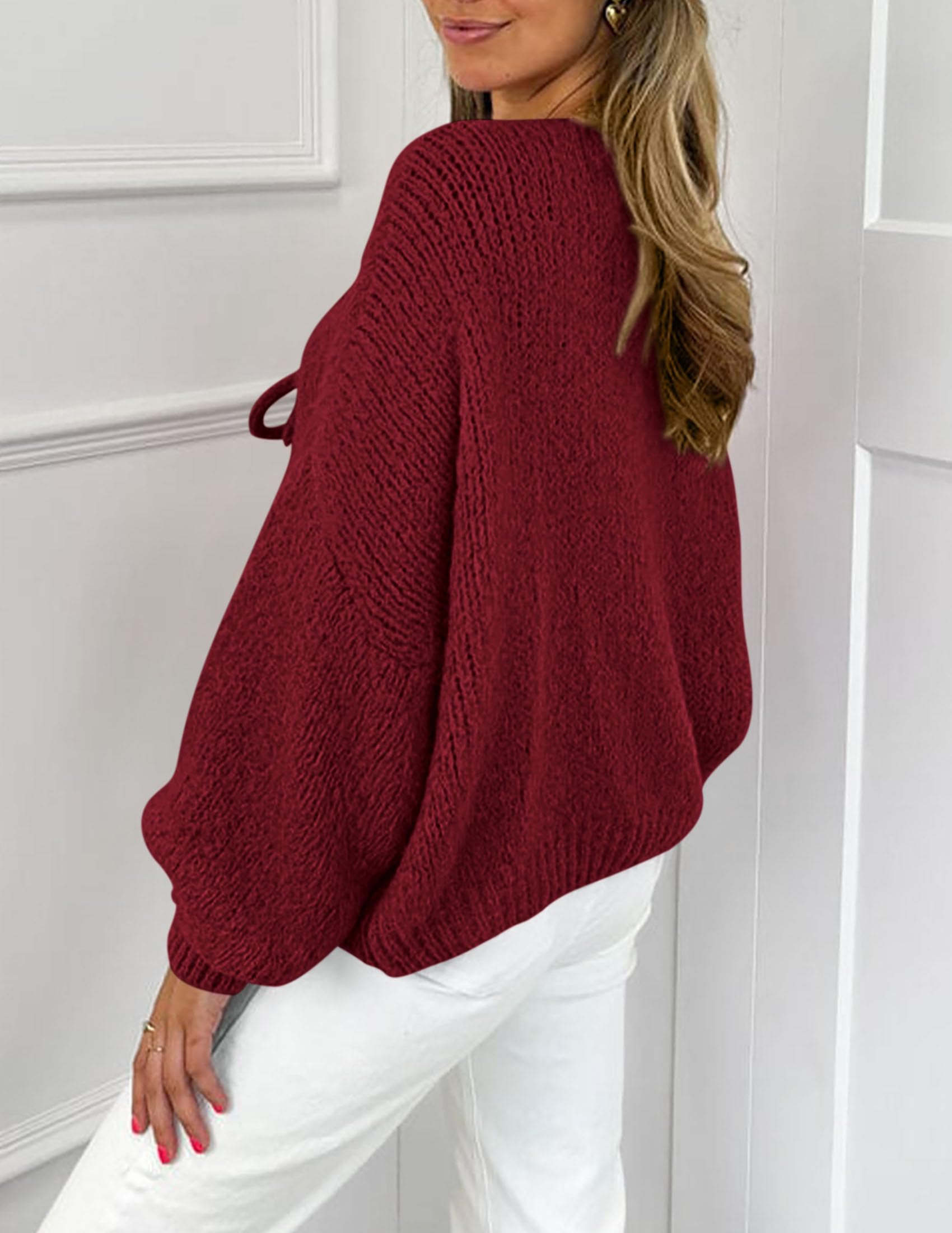 Women's Tie Front Bow Cardigan Sweaters(Wine Red,Small)