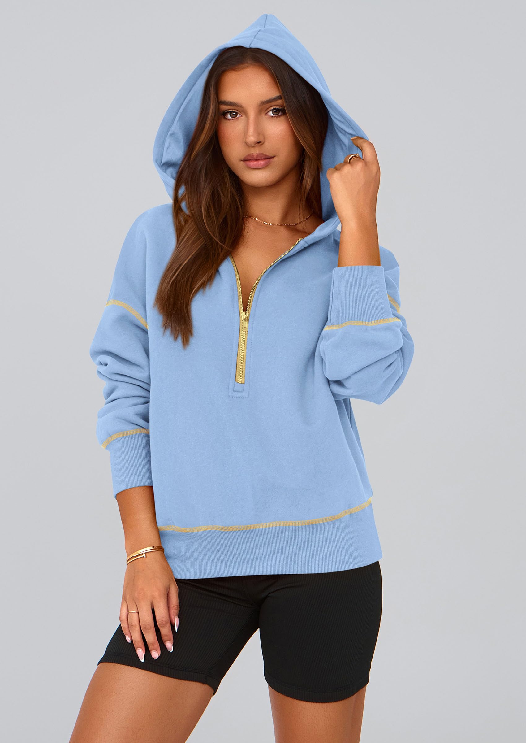 Women's Fall Half Zip Cropped Hoodie Sweatshirt Sky Blue