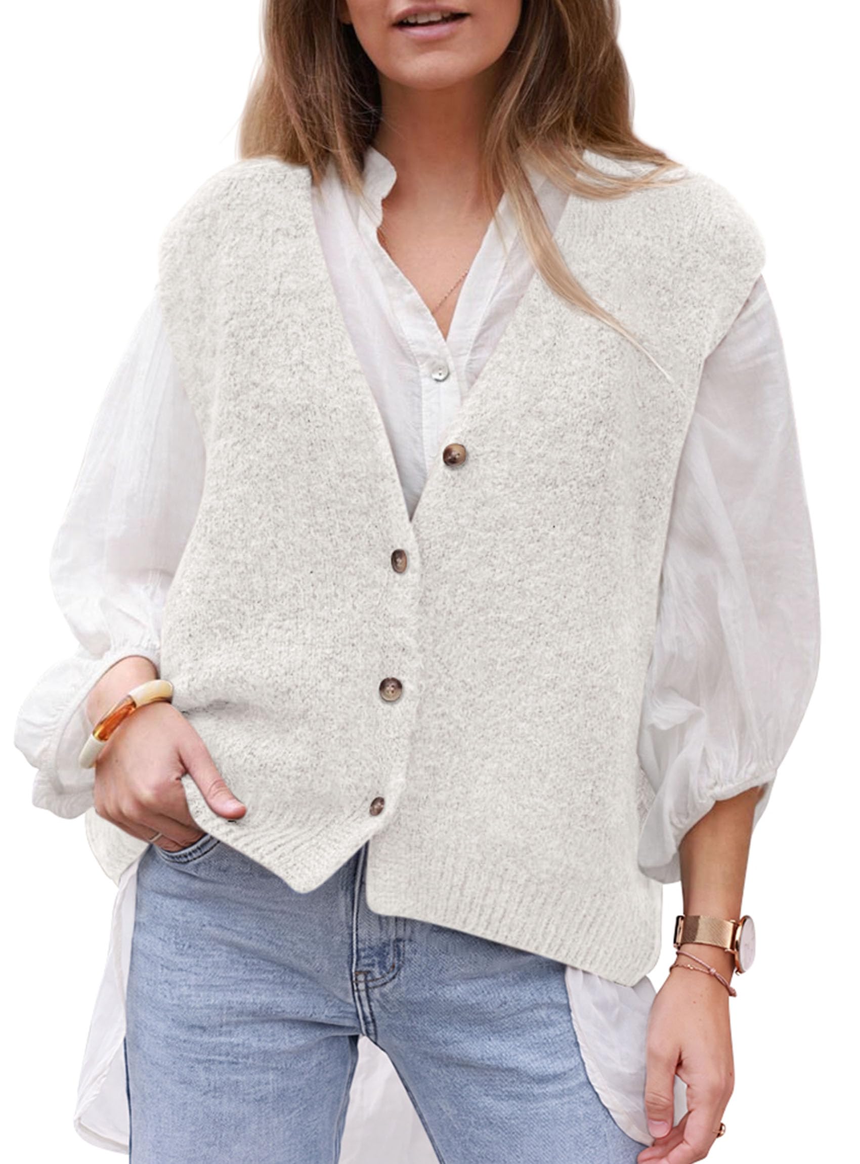 Womens Fall Sleeveless Button Down Sweater Vest,White,S