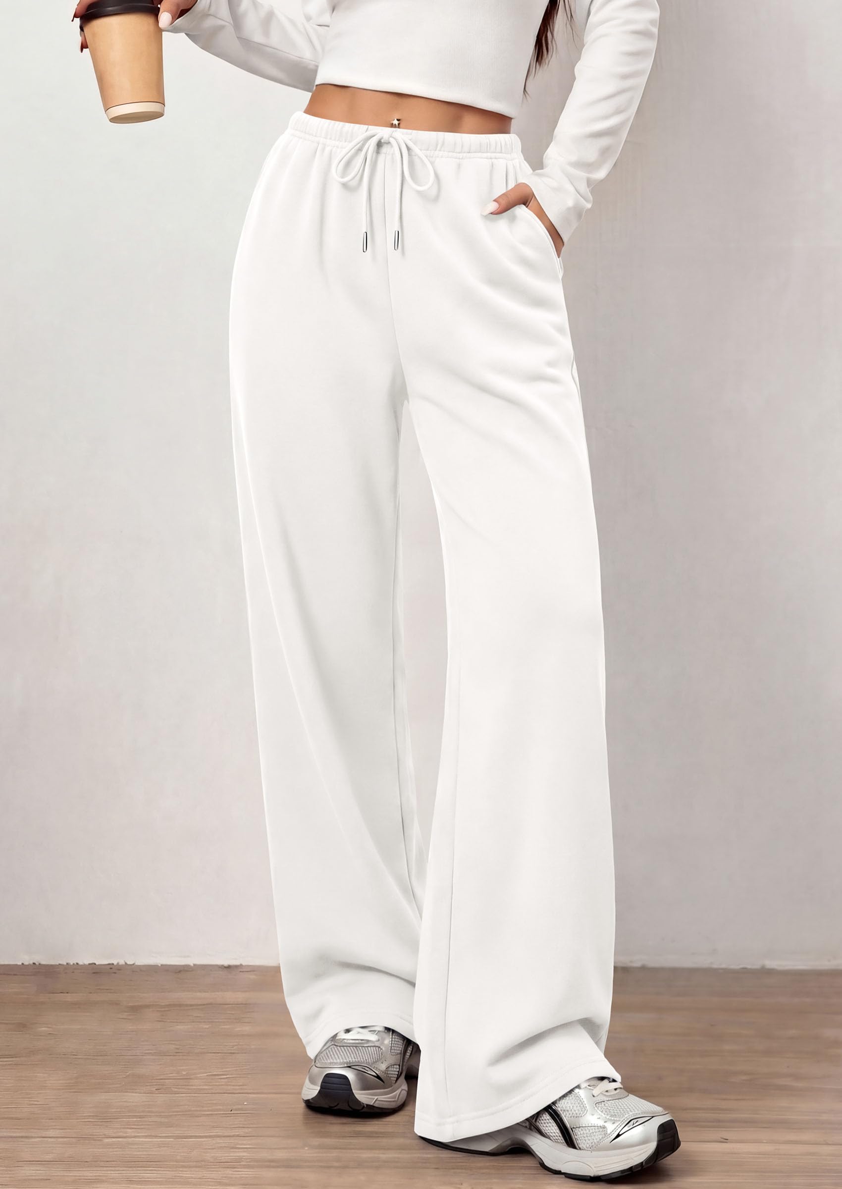 Womens Wide Leg Sweatpants Fleece Fall Sweat Pants,White
