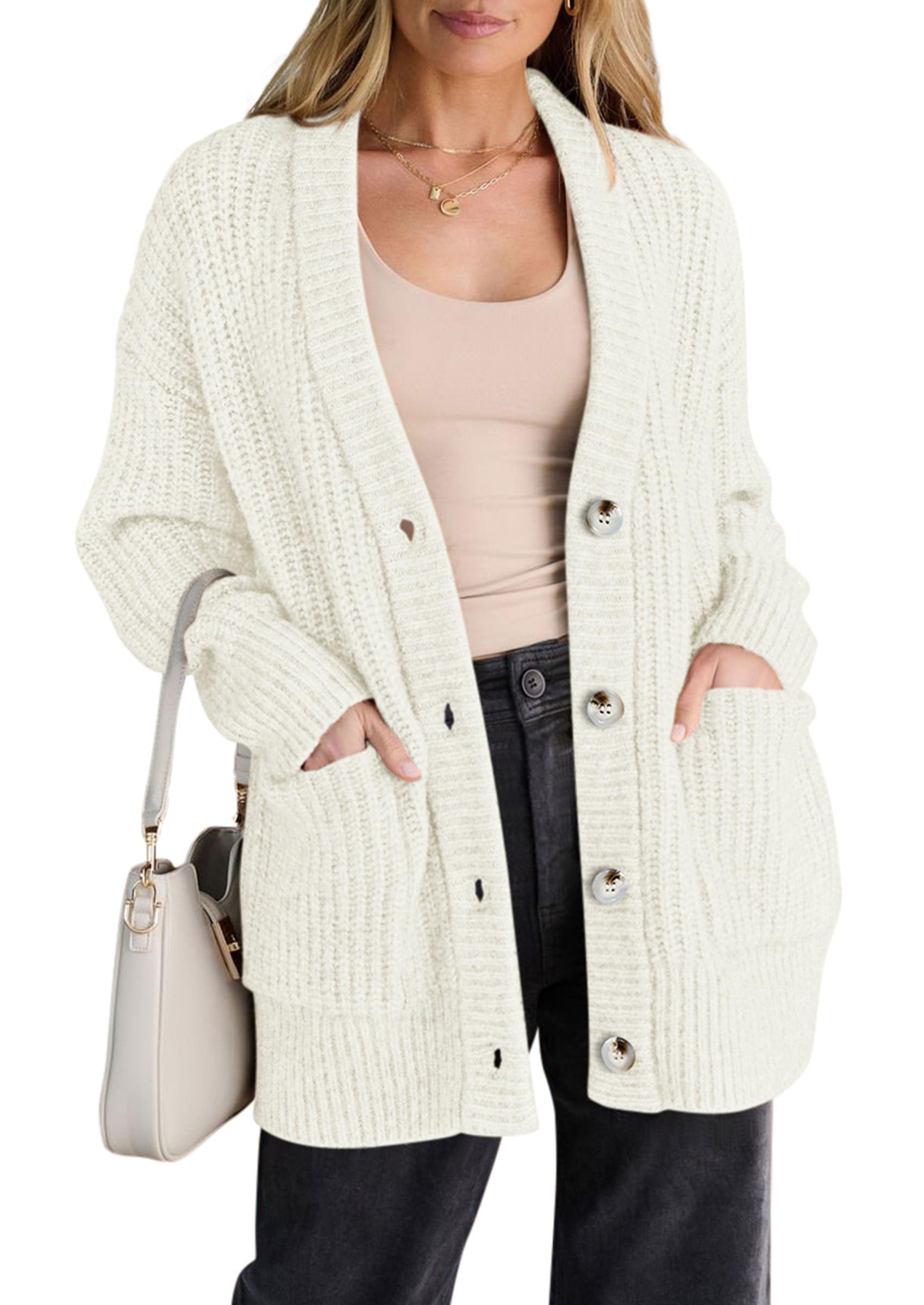 Oversized Cardigan Sweaters for Women Button Up,White,S