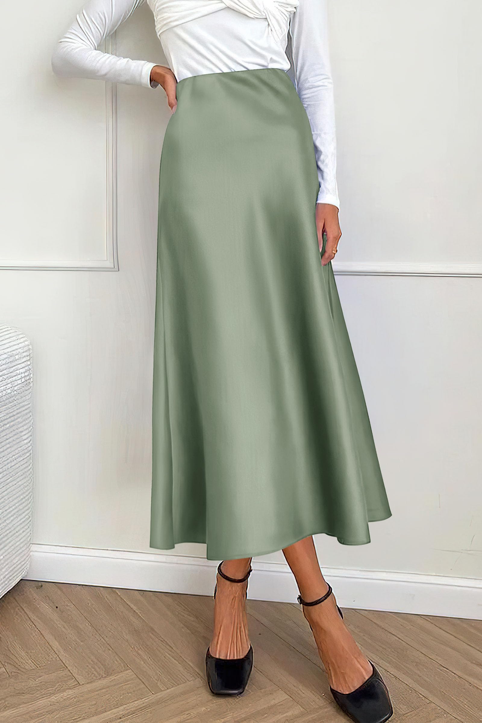 Women's Satin Midi Skirts Dressy Casual,Light Green,S