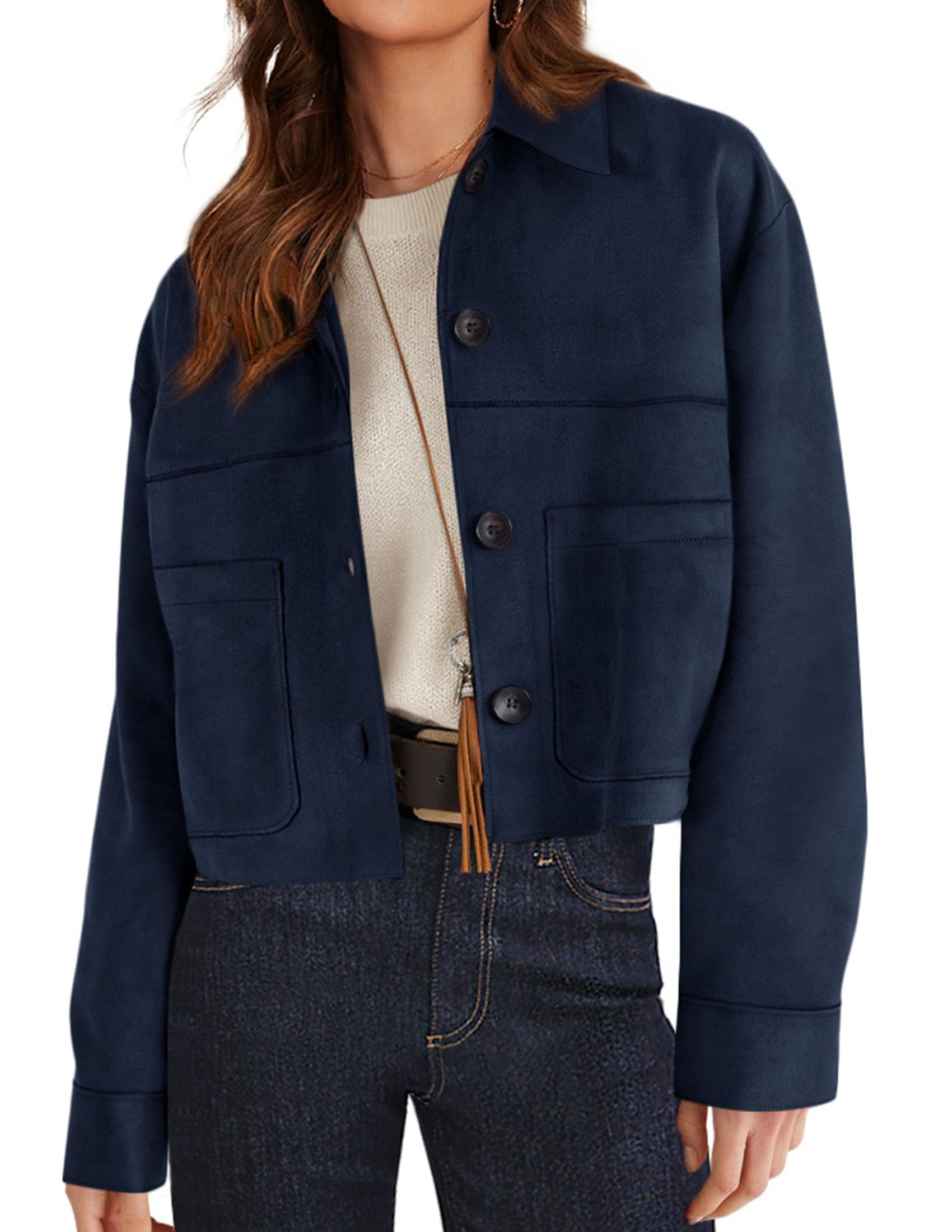Women's Faux Suede Shacket Jackets Lightweight Cropped Coats