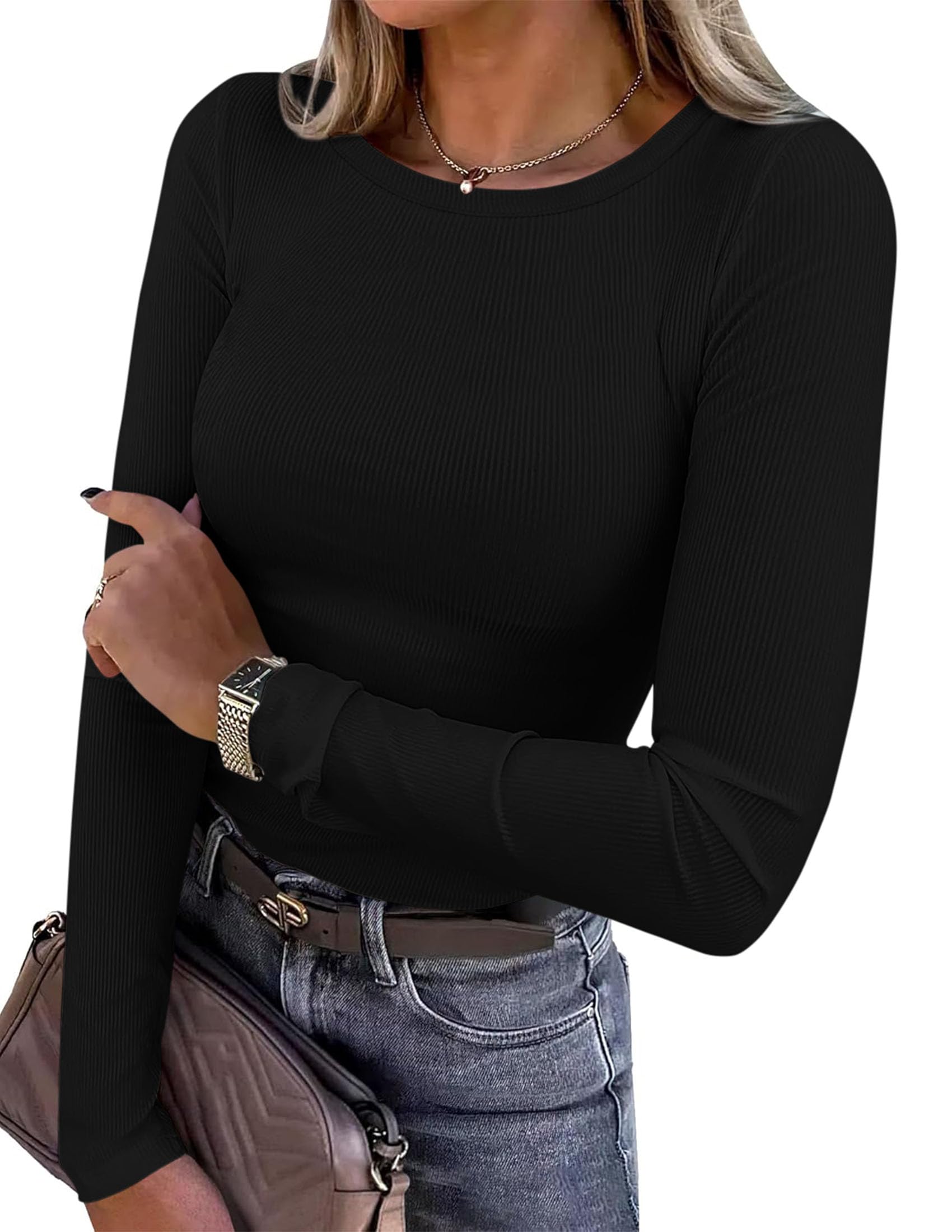 Women's Fall Long Sleeve Shirts Basic Tees (Black,XS)