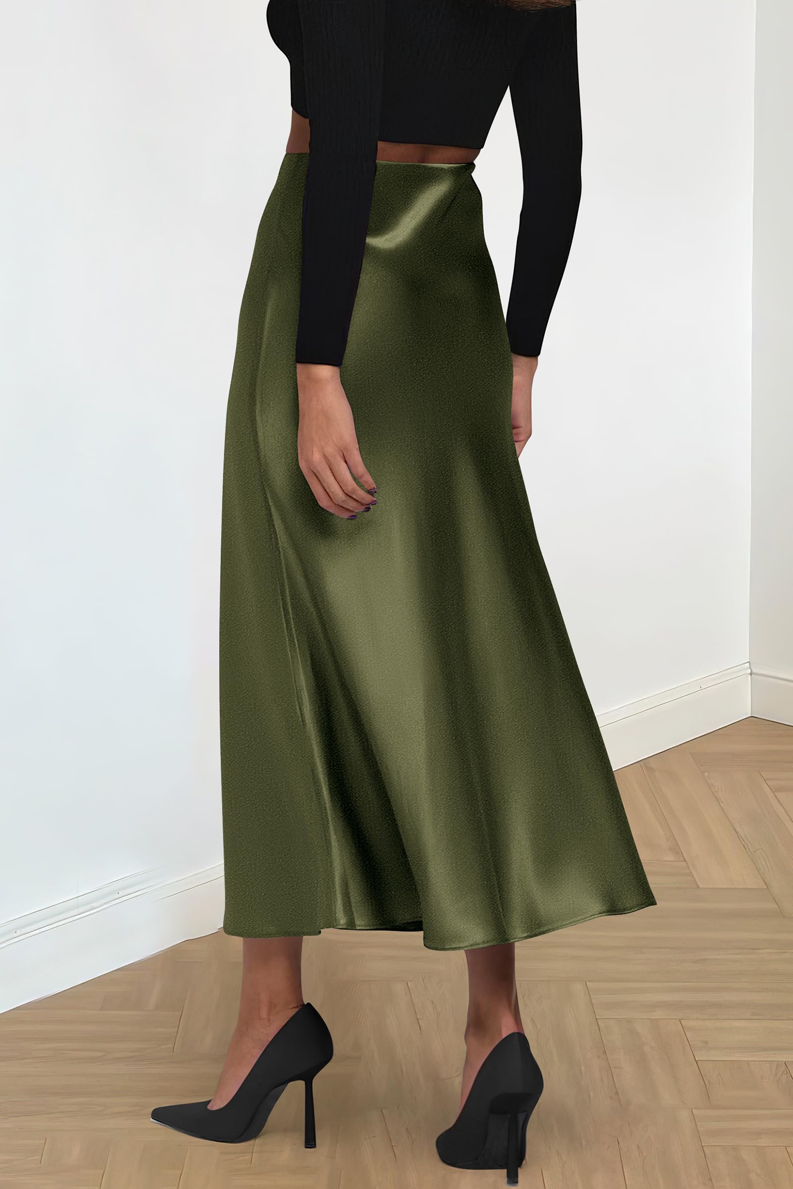 Women's Satin Midi Skirts Dressy Casual,Light Army Green,S
