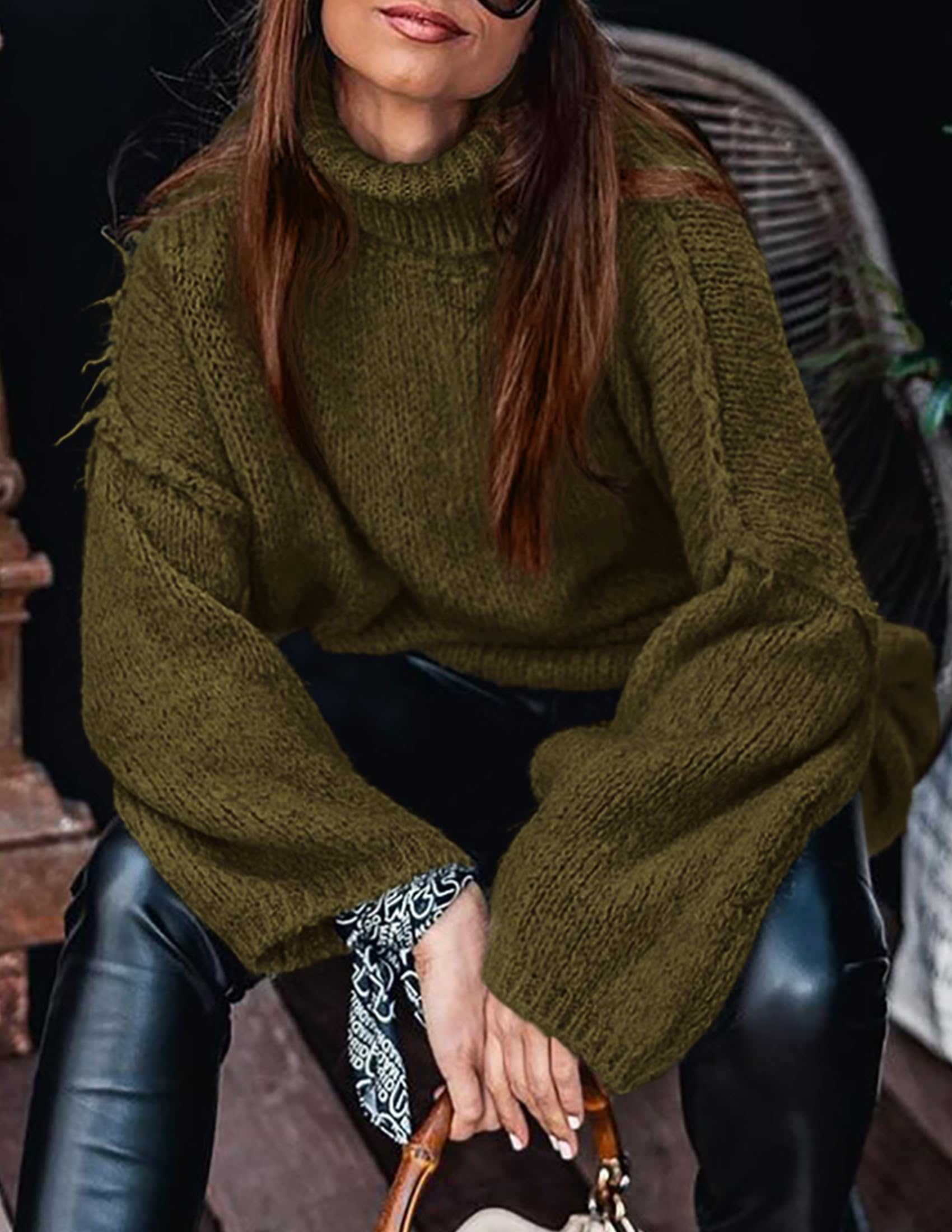 Womens Turtleneck Long Sleeve Oversized Sweaters,Army Green,S