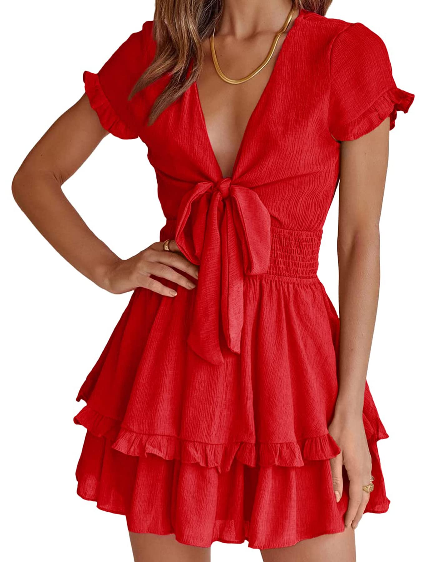 Women's Boho Floral Mini Tiered Bow Dress, Red,S