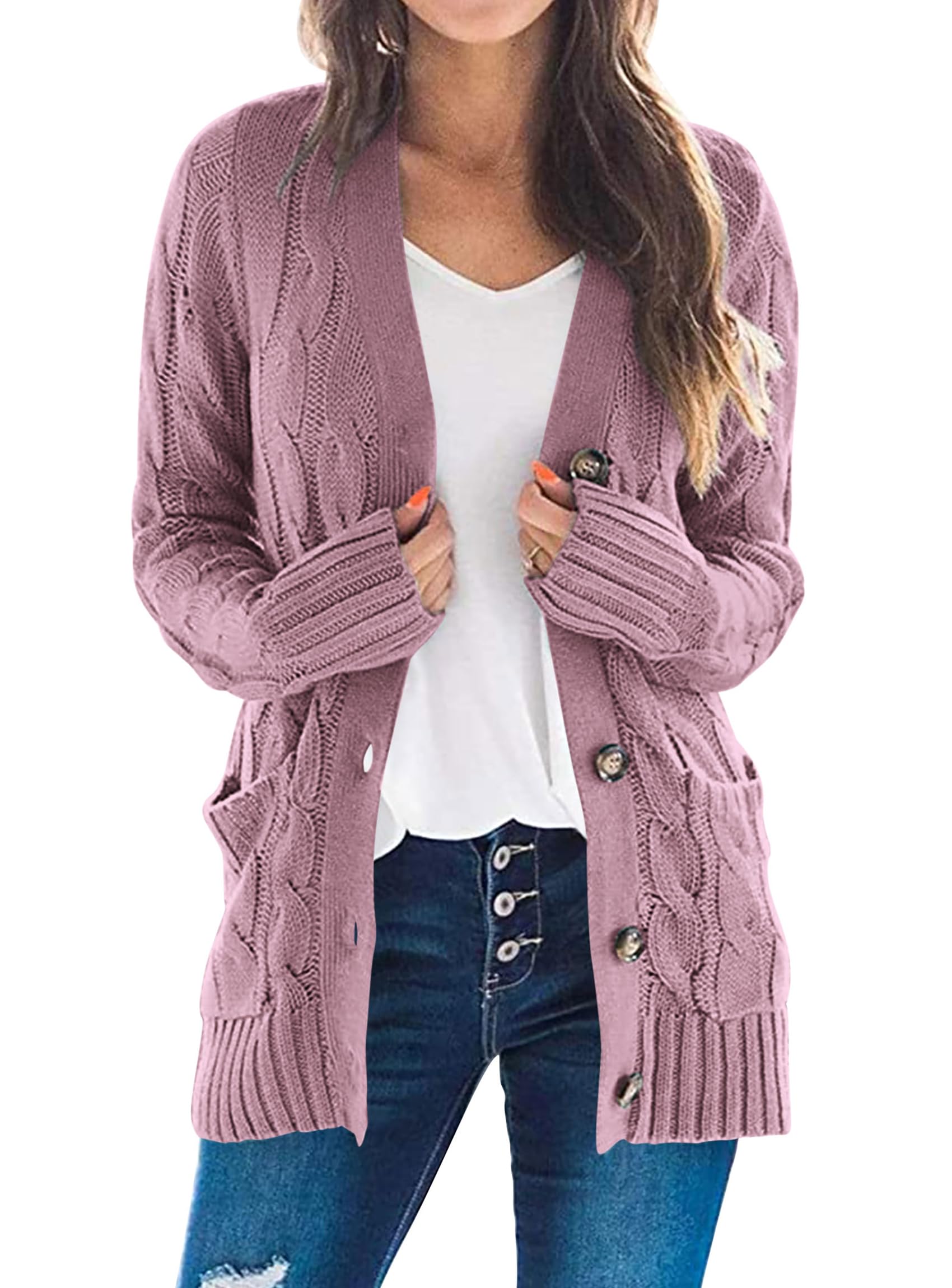 Women's Cable Knit Cardigan Sweaters Fall, Purple,S