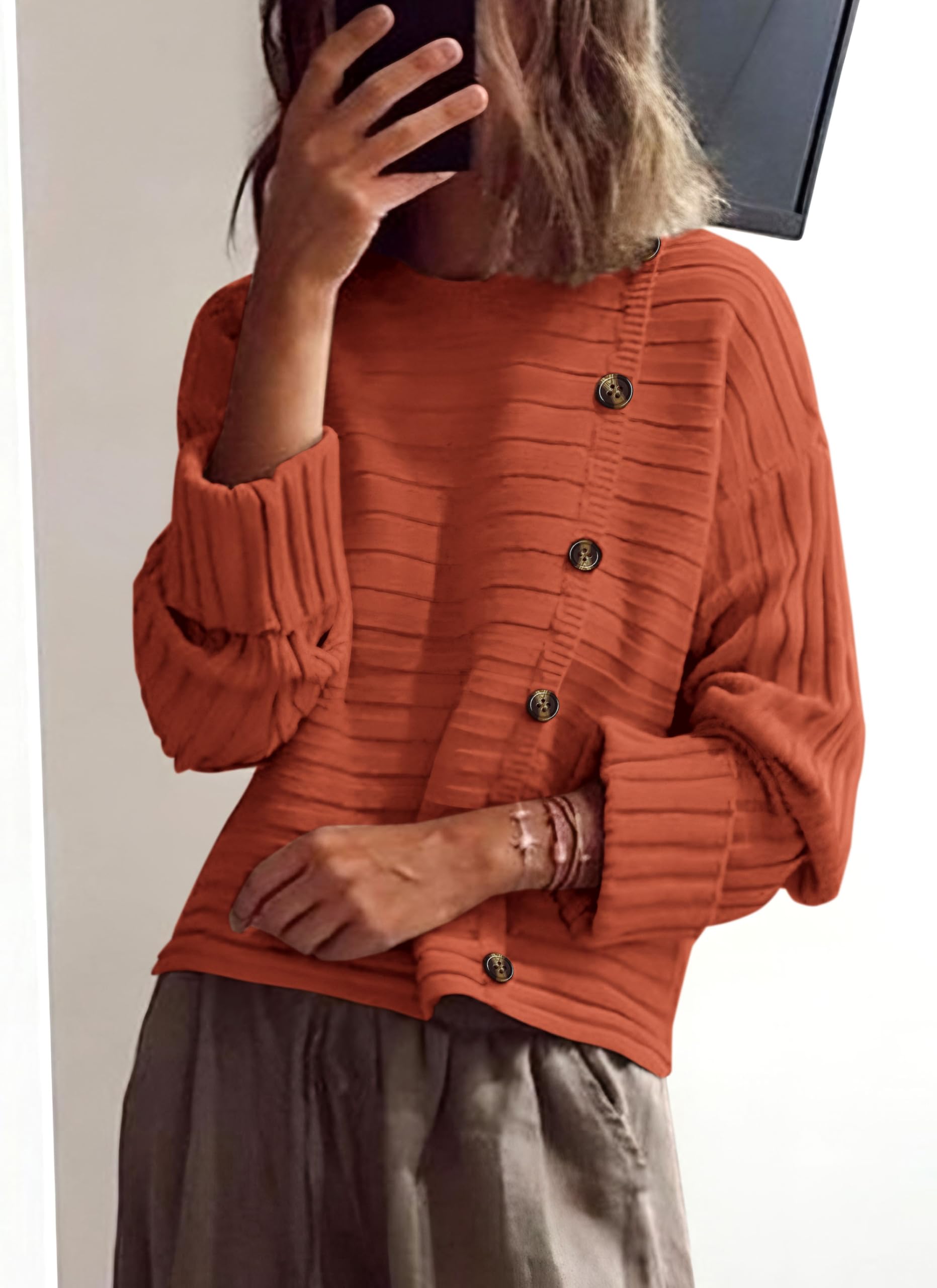 Womens Asymmetric Button Long Sleeve Sweater,Rust Red,S