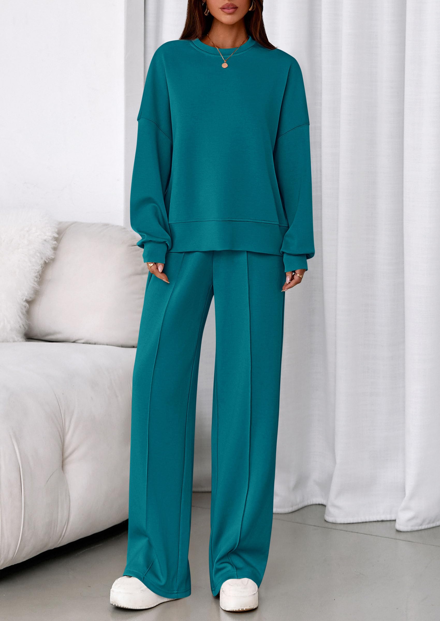 Womens Long Sleeve Sweatshirt 2 Piece Sets,Blue Green,S
