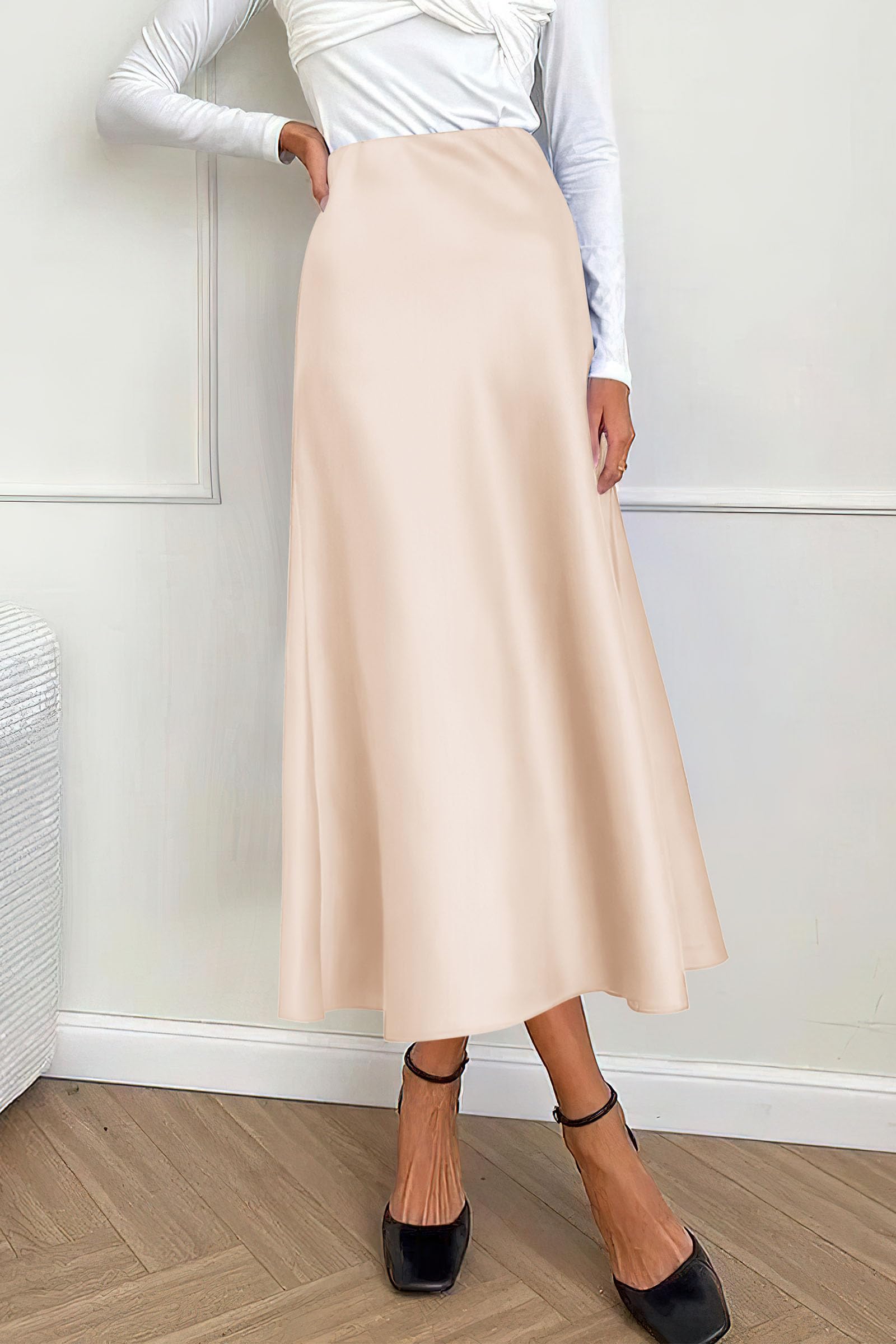Women's Satin Midi Skirts Dressy Casual,Beige,S