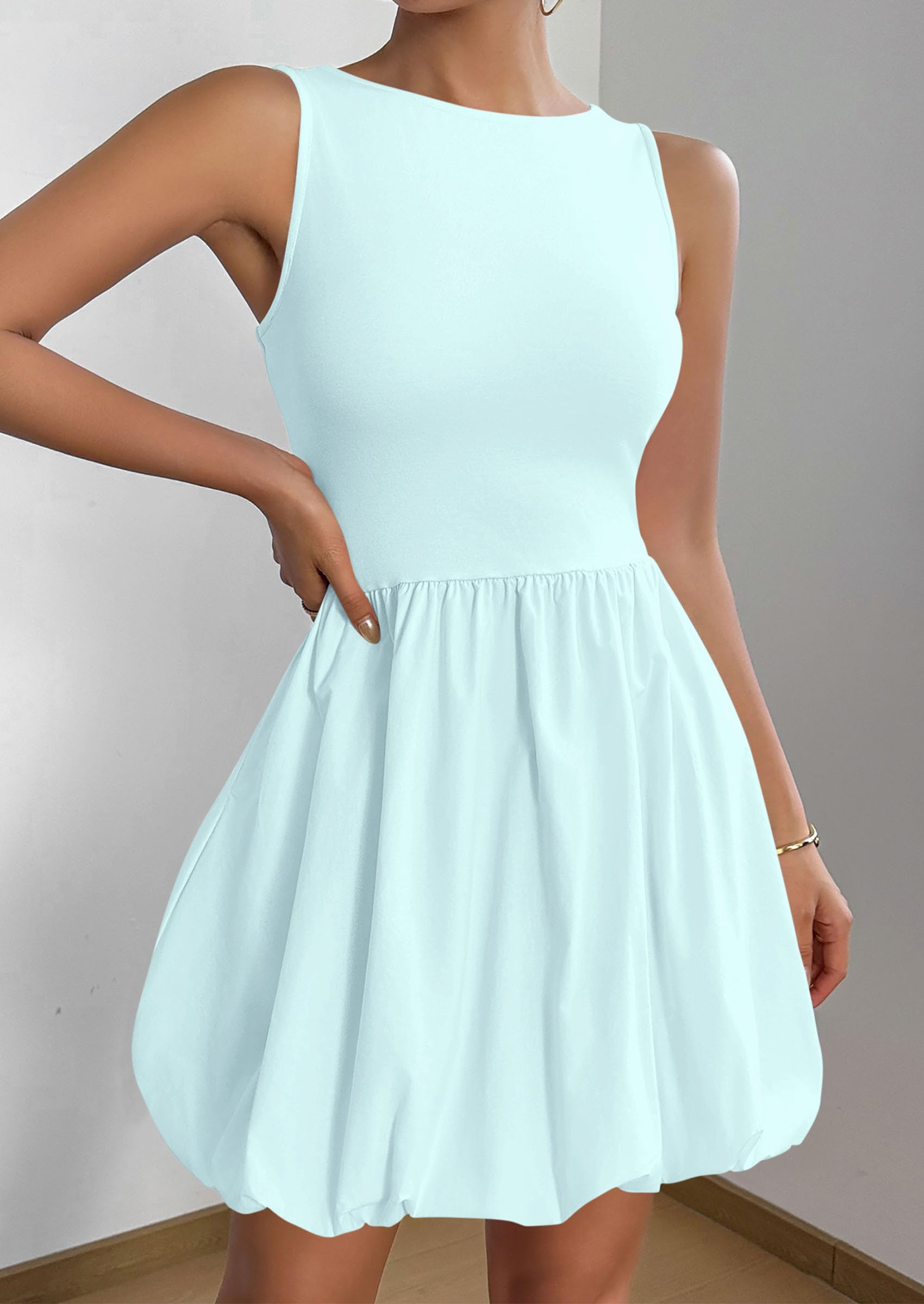 Womens Summer Bubble Sleeveless Mini Dress,Blue,S