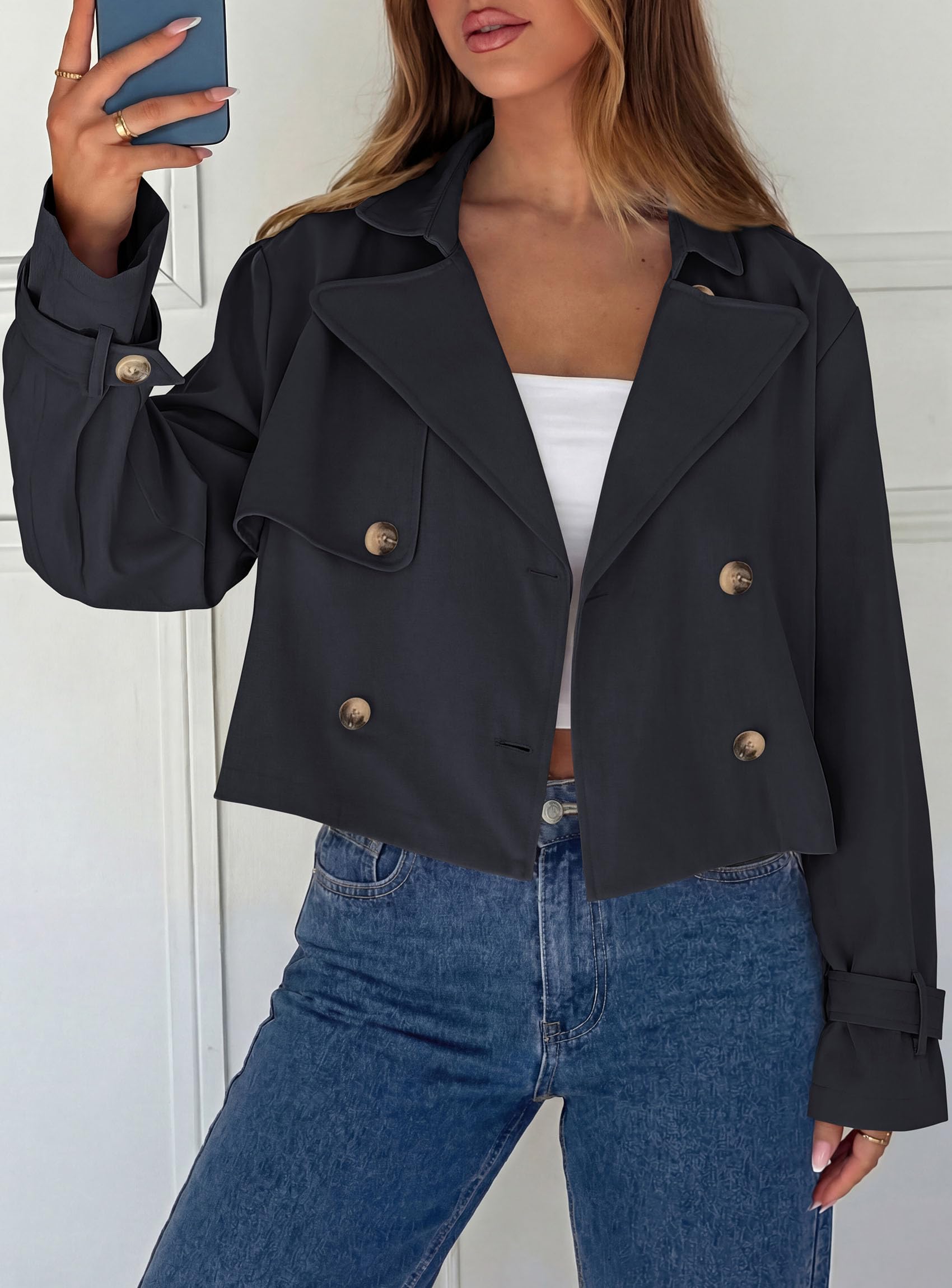 Cropped Trench Coat For Women Short Jacket,Navy Blue,S