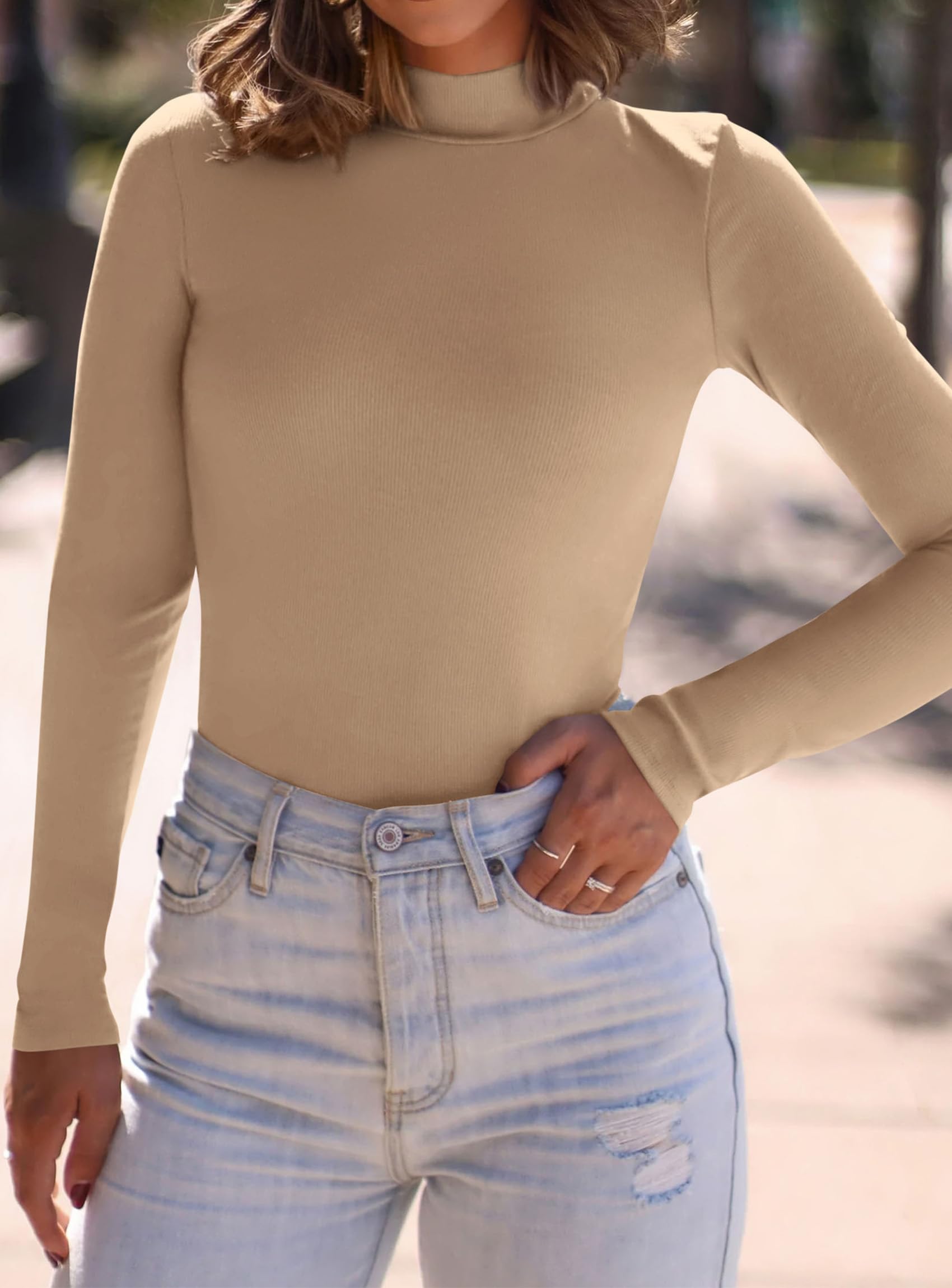 Womens Mock Turtleneck Fall Long Sleeve Shirts,Khaki,XS