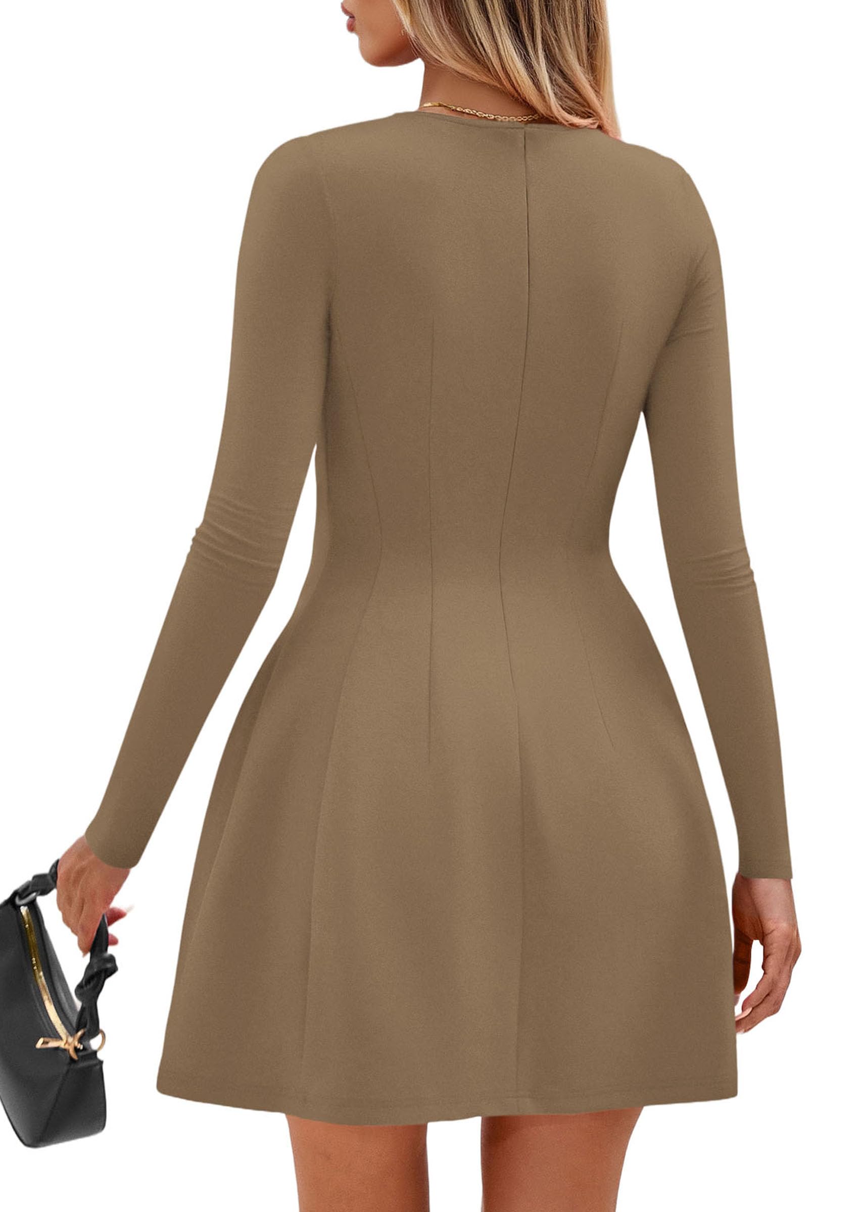 Womens Long Sleeve Pleated Mini Dress,Khaki,XS
