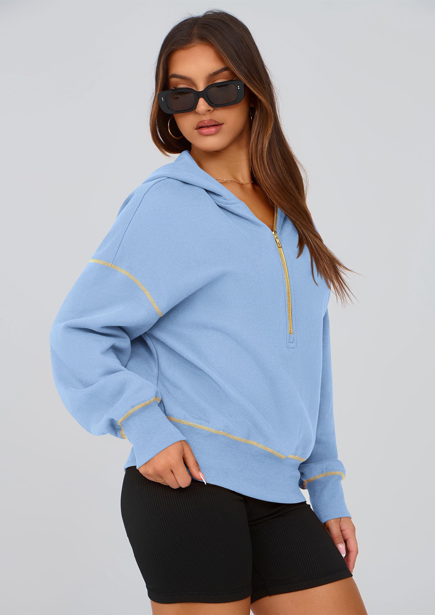 Women's Fall Half Zip Cropped Hoodie Sweatshirt Sky Blue