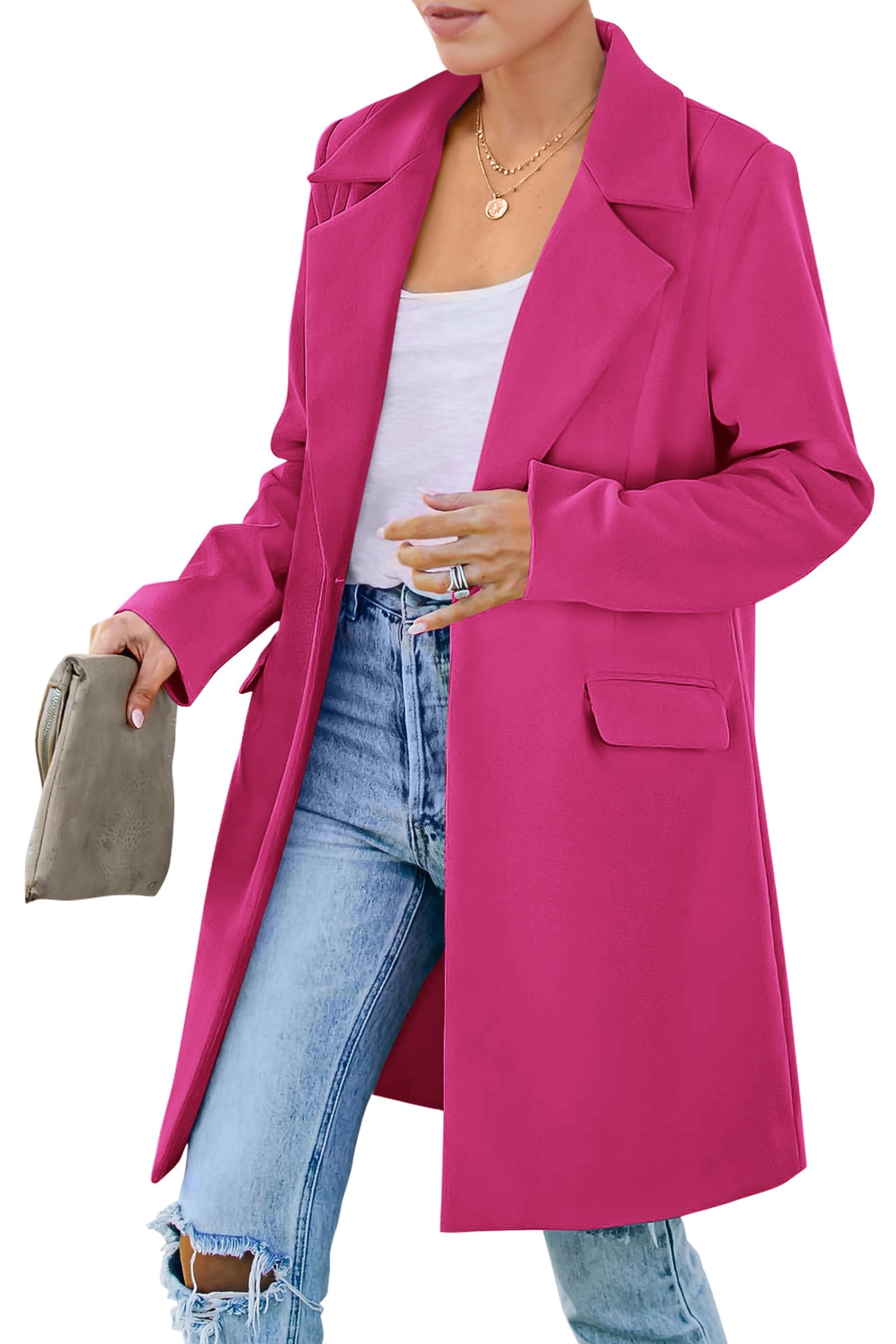 Women's Business Casual Long Blazer Jackets(Rose Red,S)