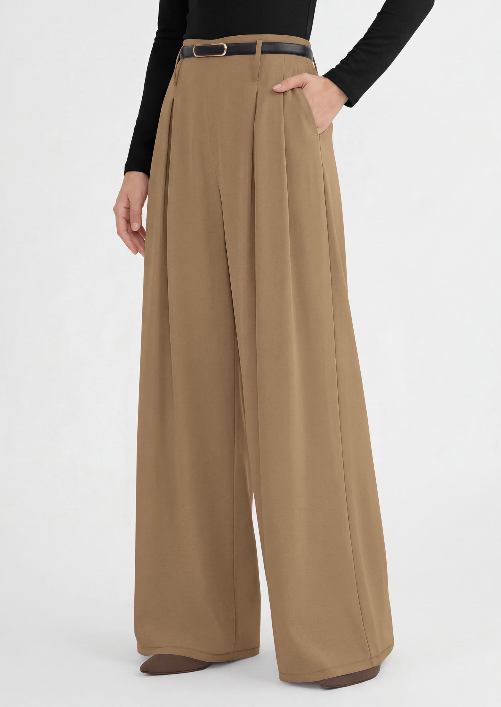 Womens Wide Leg Dress Pants Flowy Trousers,Khaki,S