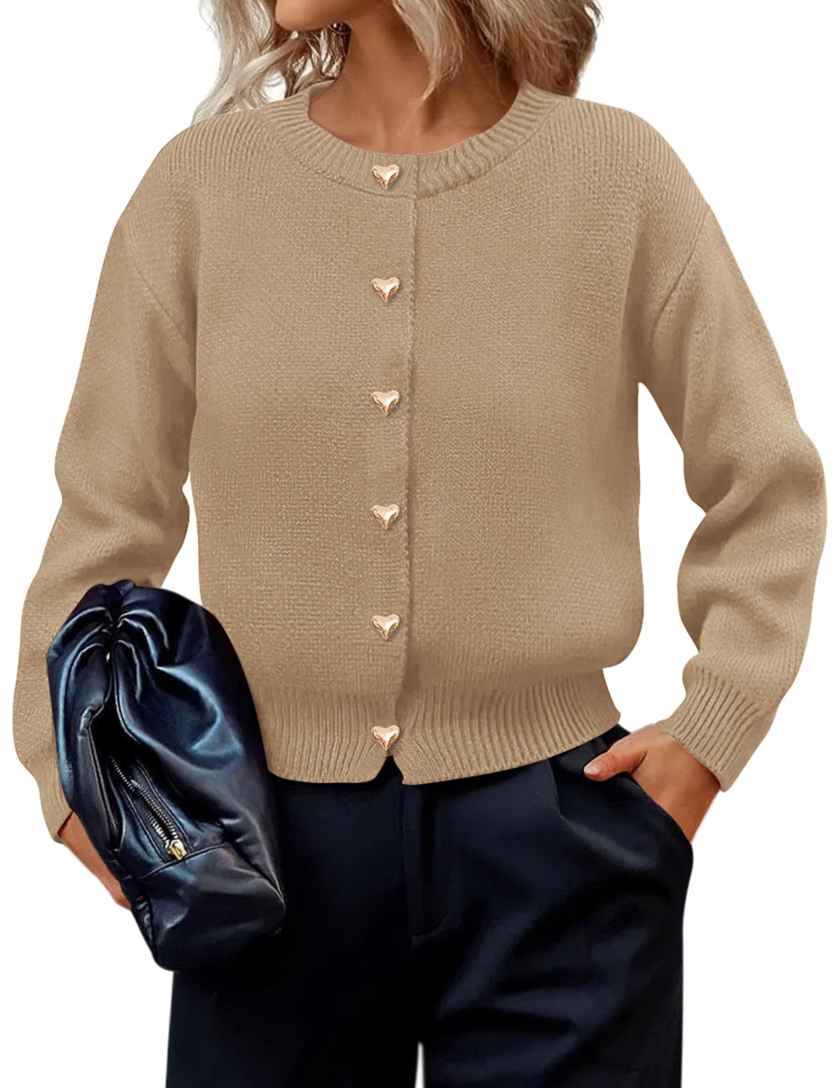 Women's Long Sleeve Button Up Cardigan,Khaki,S