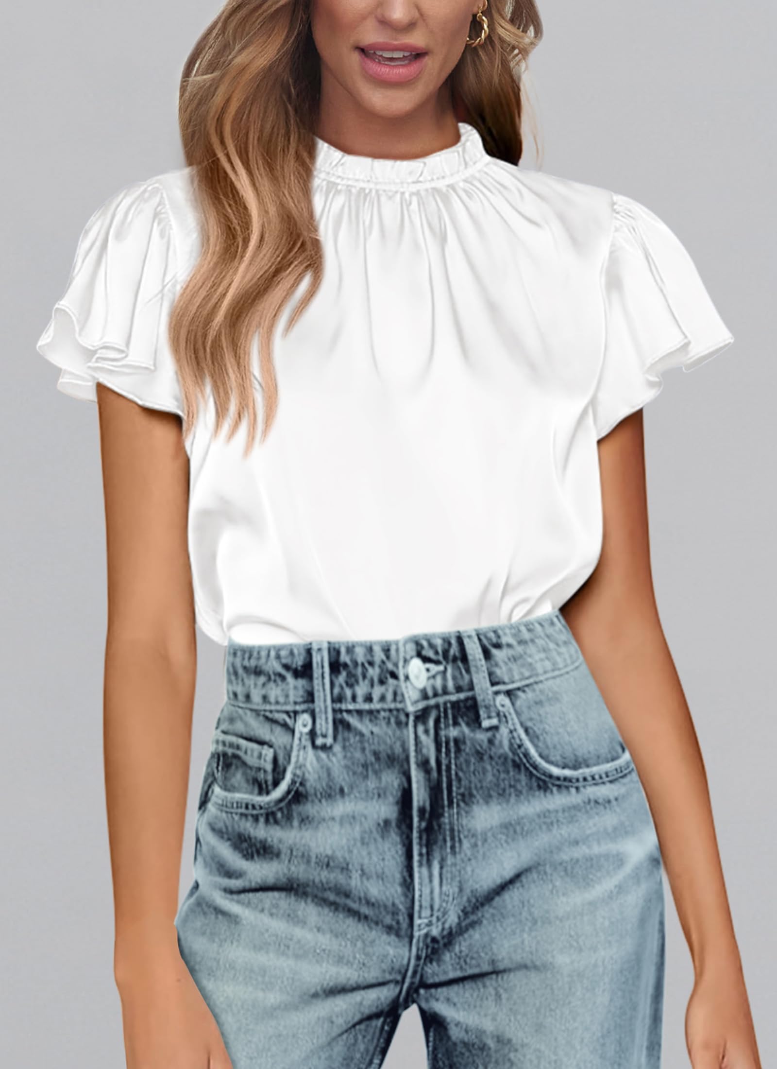 Women's Satin Tops Business Casual Work Blouses, White,M