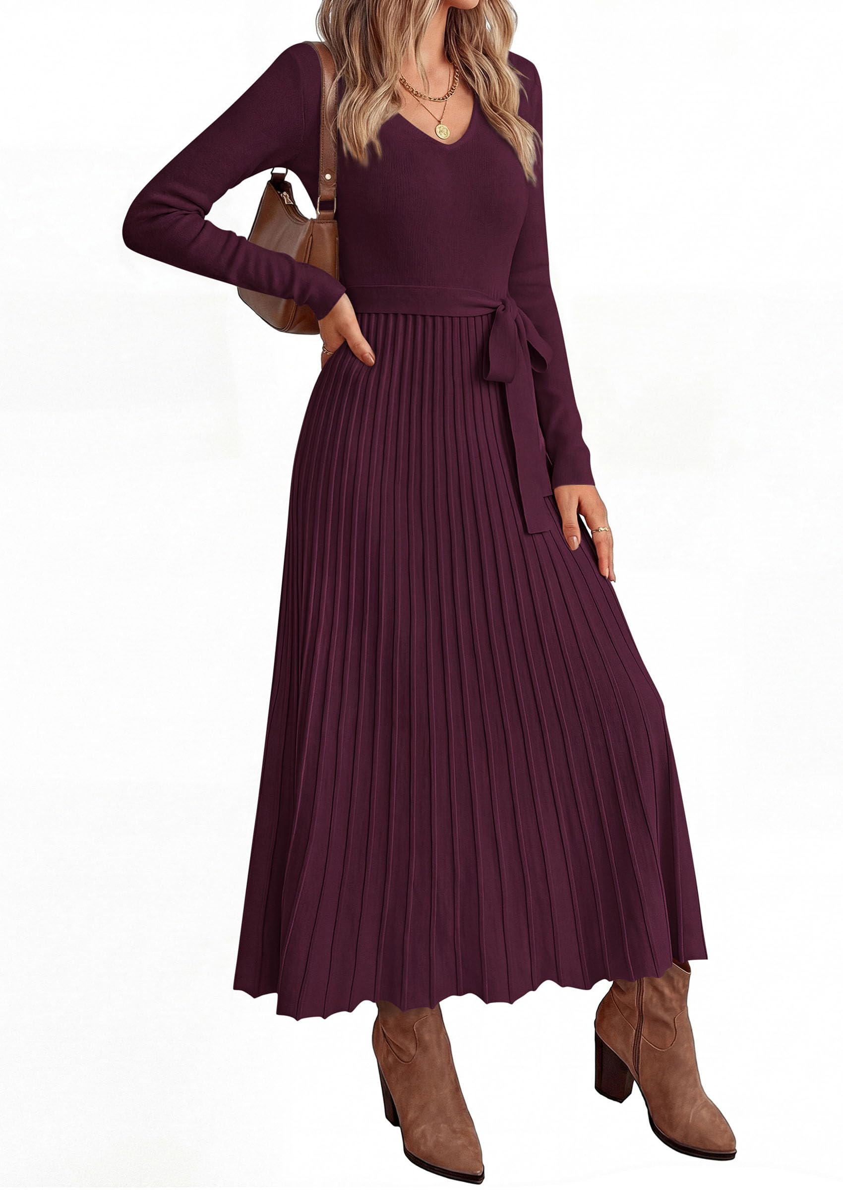 Womens Fall Maxi Long Sleeve Sweater Dress,Wine Red,S
