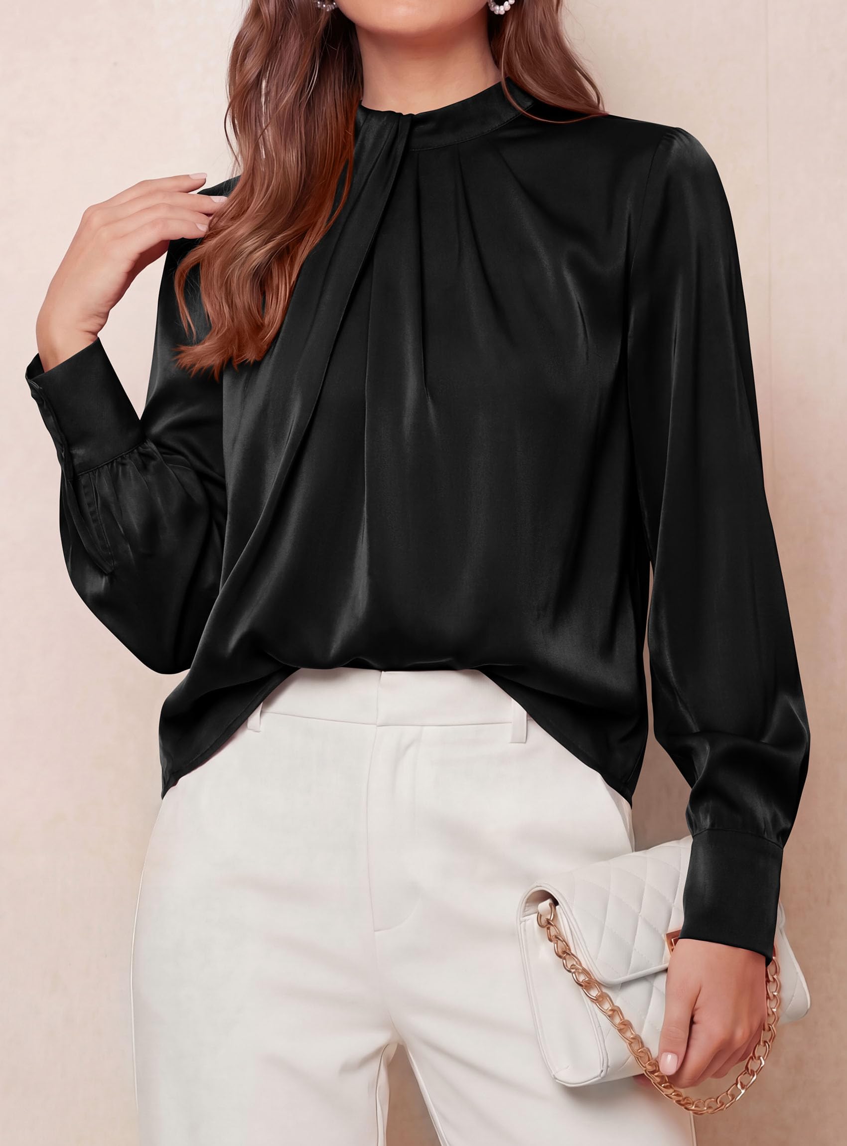 Satin Blouses for Women Dressy Casual Long Sleeve Shirts Black