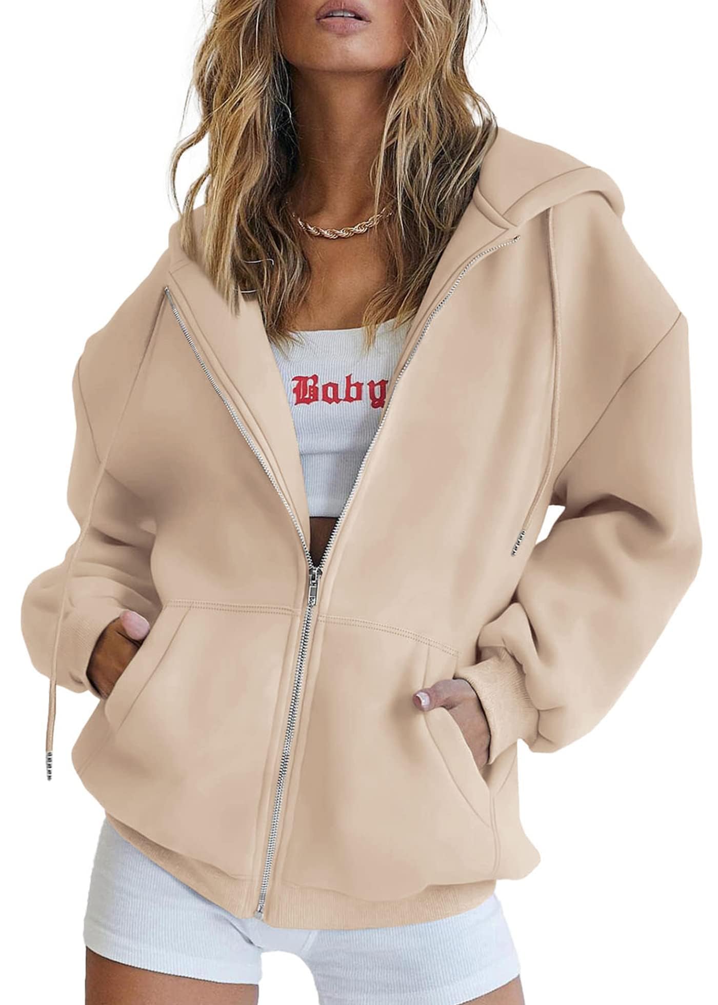 Women's Fall Zip Up Hoodies Sweatshirts Light Khaki
