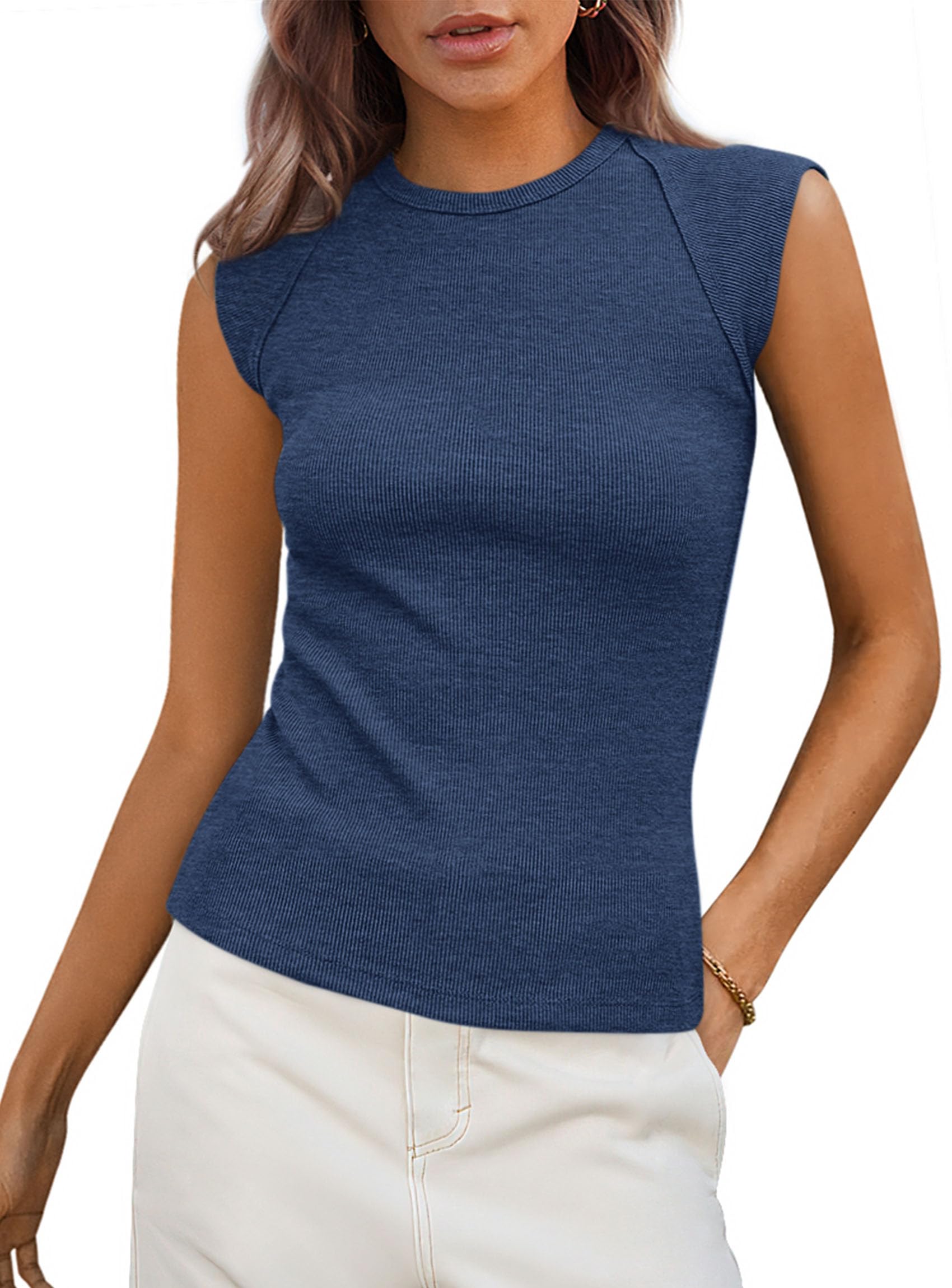Women's Cap Sleeve Ribbed Tank Tops Summer, Grey Blue,S