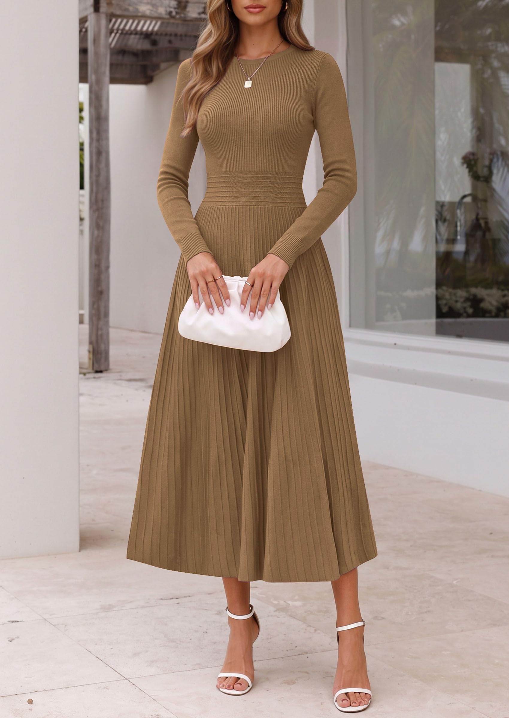 Women's Long Sleeve Knit Maxi Sweater Dress,Khaki,S