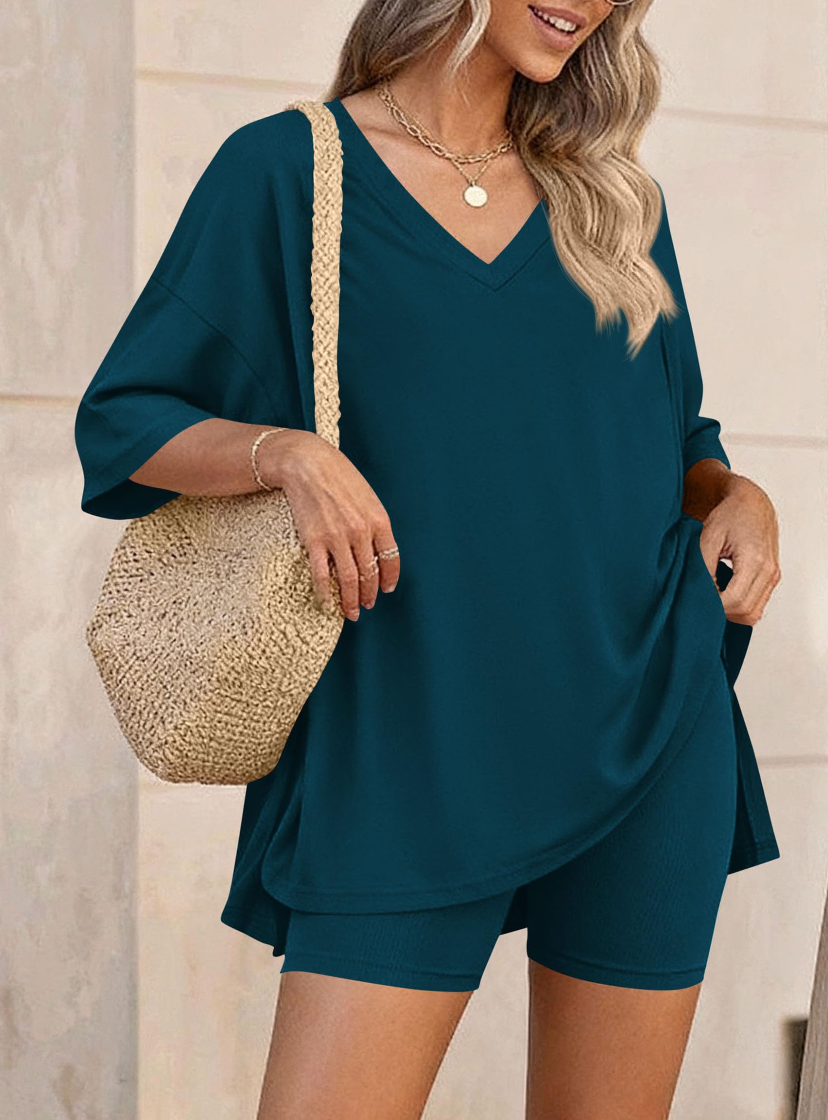 Womens 2 Piece Outfit Lounge Short Sets,Lake Blue,S