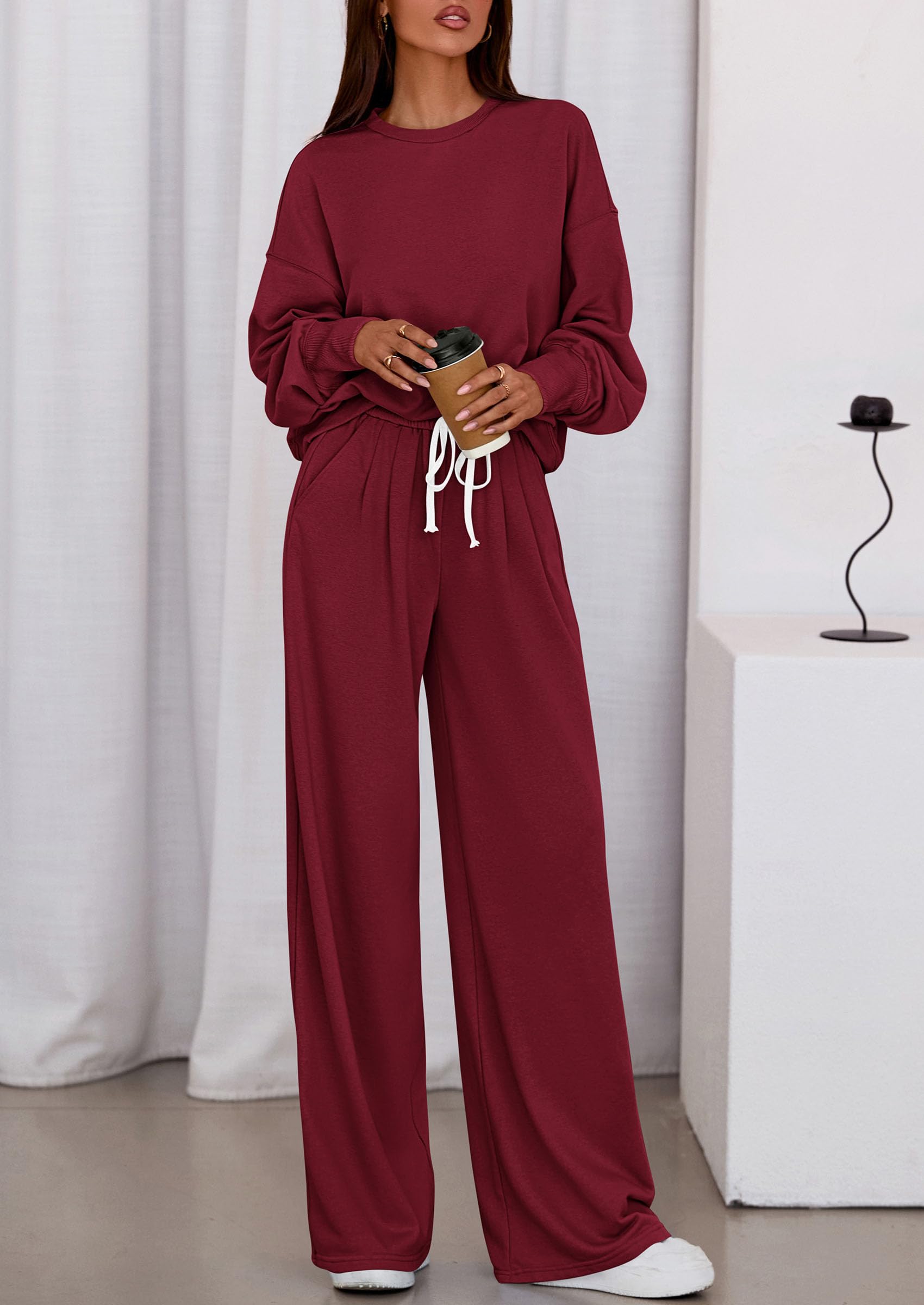 Womens Loose Fit Casual 2 Piece Lounge Set,Wine Red,S
