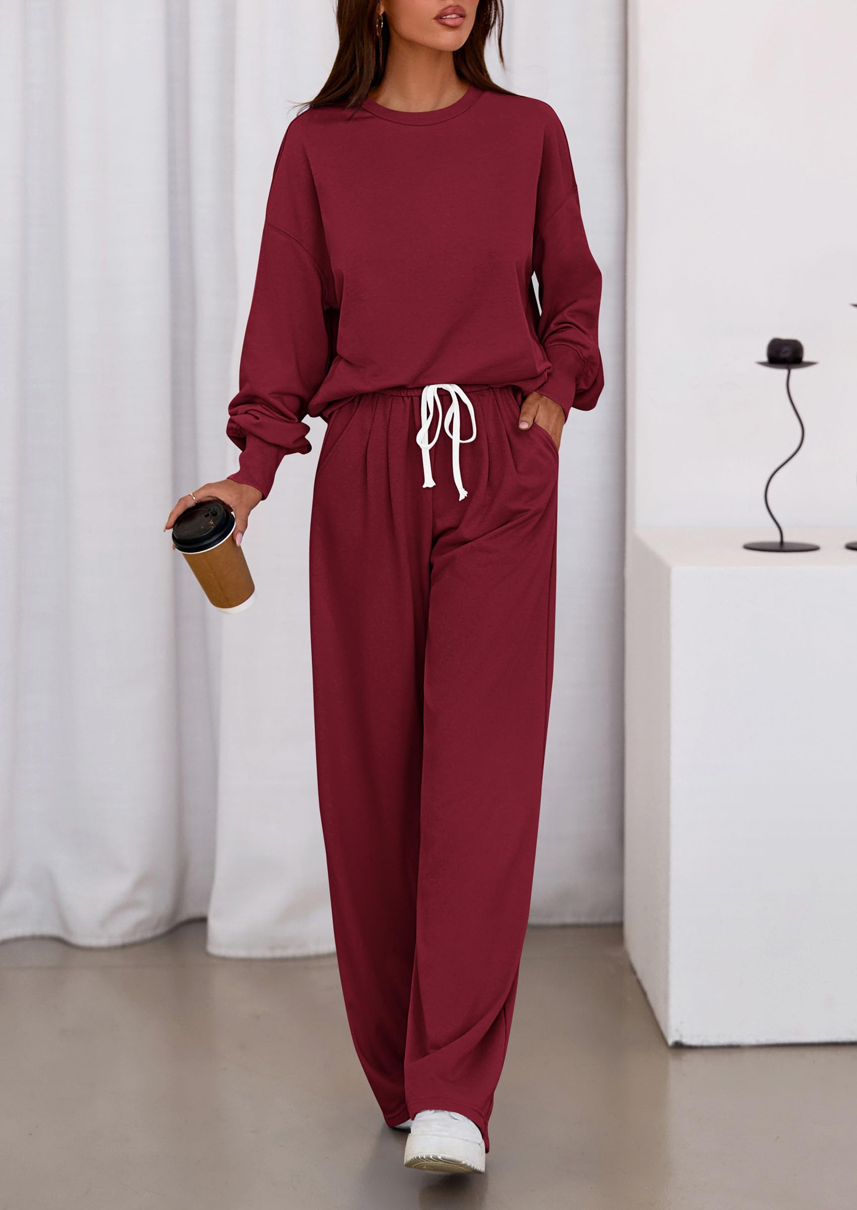 Womens Loose Fit Casual 2 Piece Lounge Set,Wine Red,S