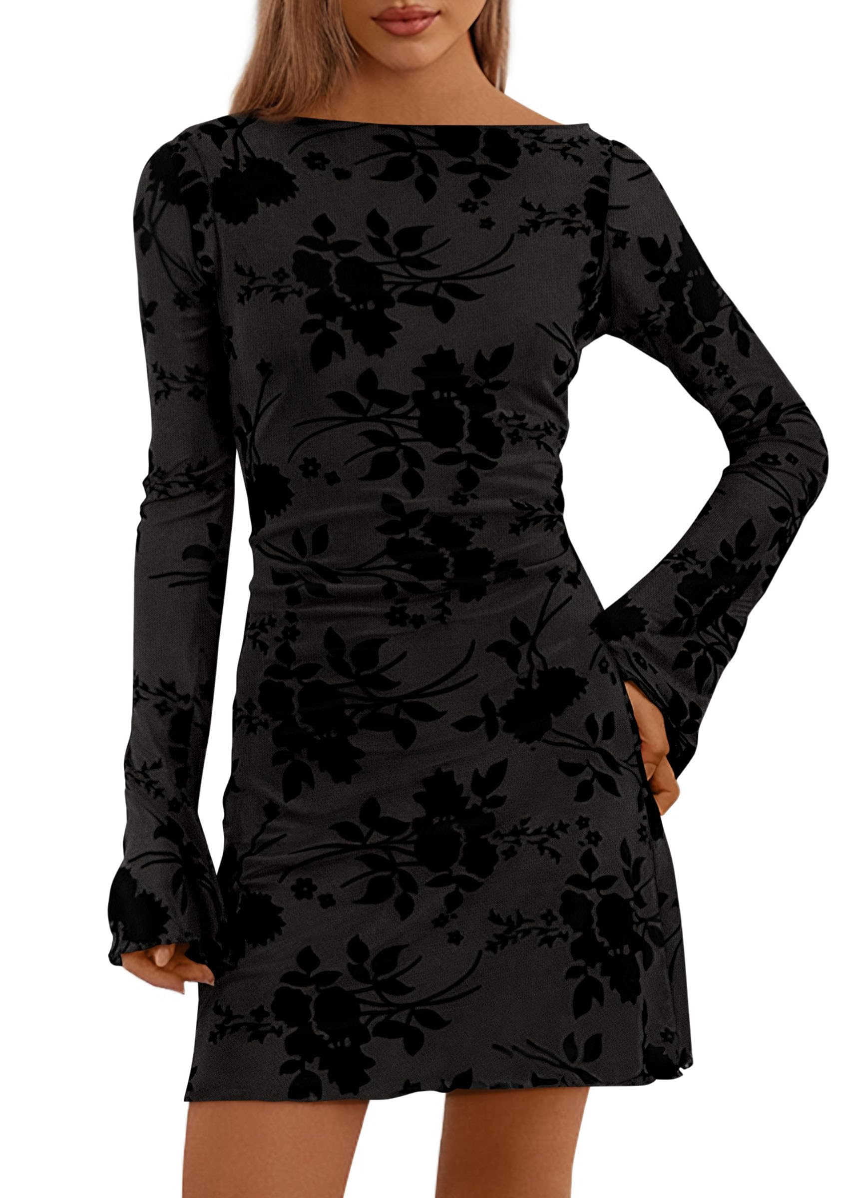 Women's Fall Floral Long Sleeve Mini Dress (Black,XS)