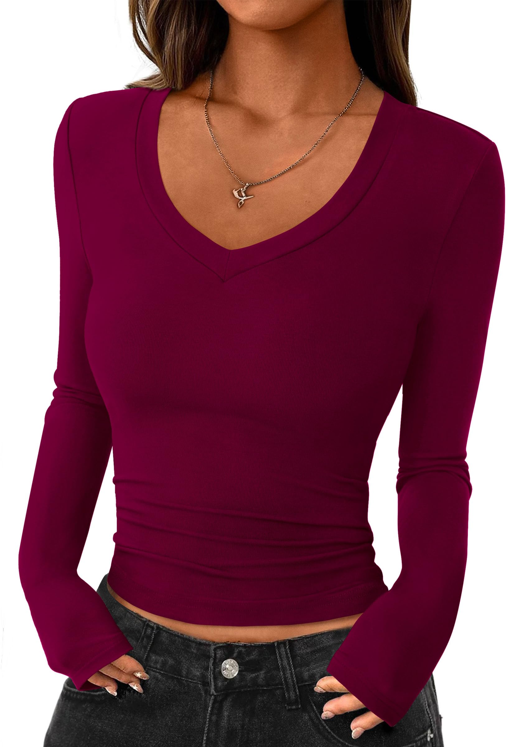 Womens Long Sleeve Slim Fit Crop Tops,Wine Red,XS