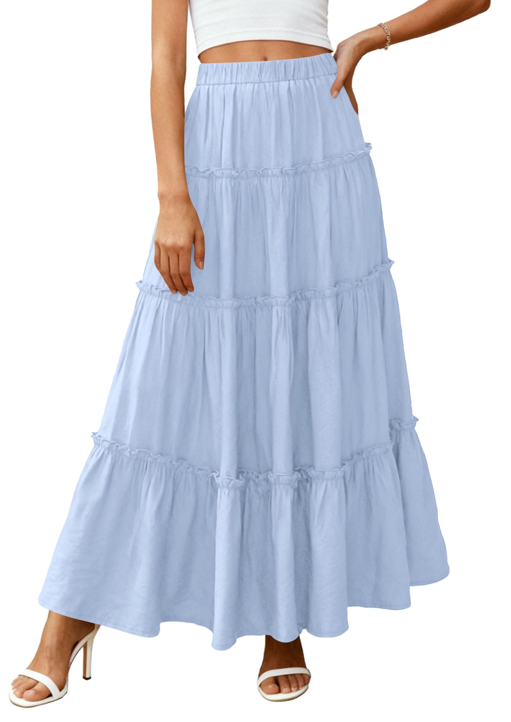 Women's Boho Tiered Ruffle Flowy Maxi Skirt, Sky Blue,S